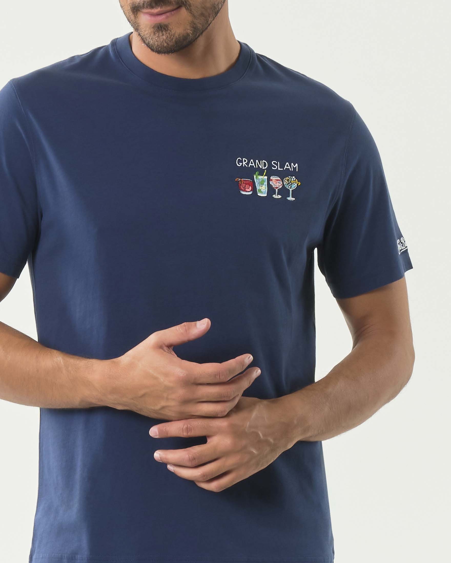 T-shirt mezza manica MC2 Saint Barth blu in puro cotone con ricamo 'Grand Slam' e cocktail sul petto image