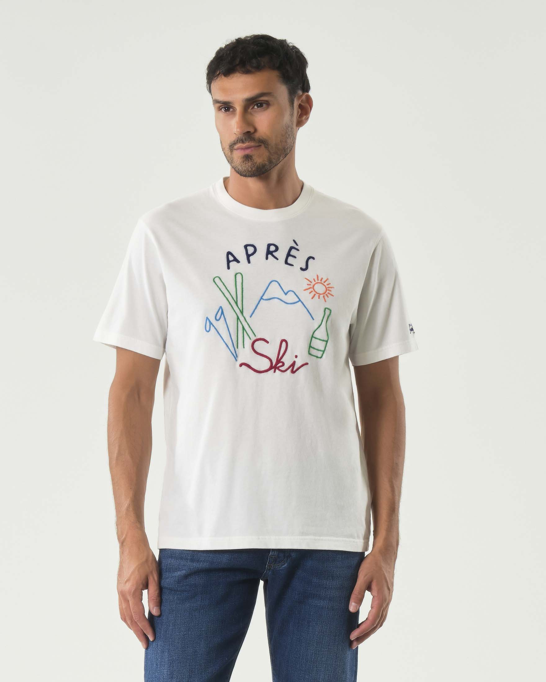 T-shirt mezza manica blu in puro cotone con ricamo 'Après Ski' davanti