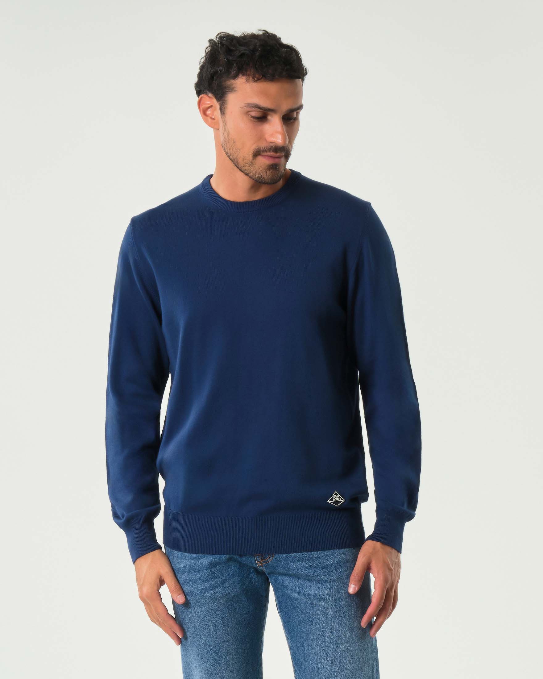 Maglia girocollo Roy Roger's blu indaco regular-fit in puro cotone con patch logo sul fianco