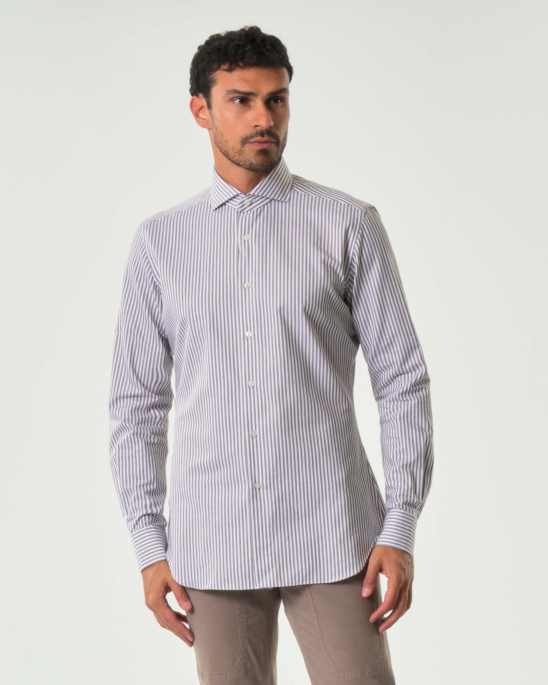 Camicia bastoncino bianco e noce in puro cotone tailor-fit