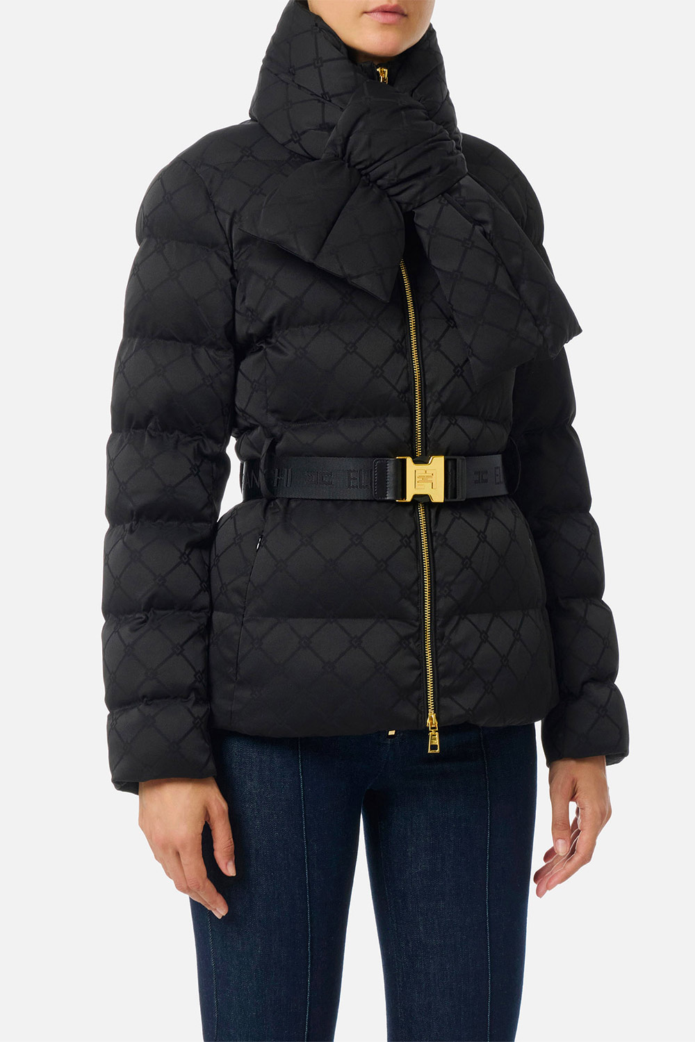 Piumino in Tessuto Vela Jacquard con Cintura