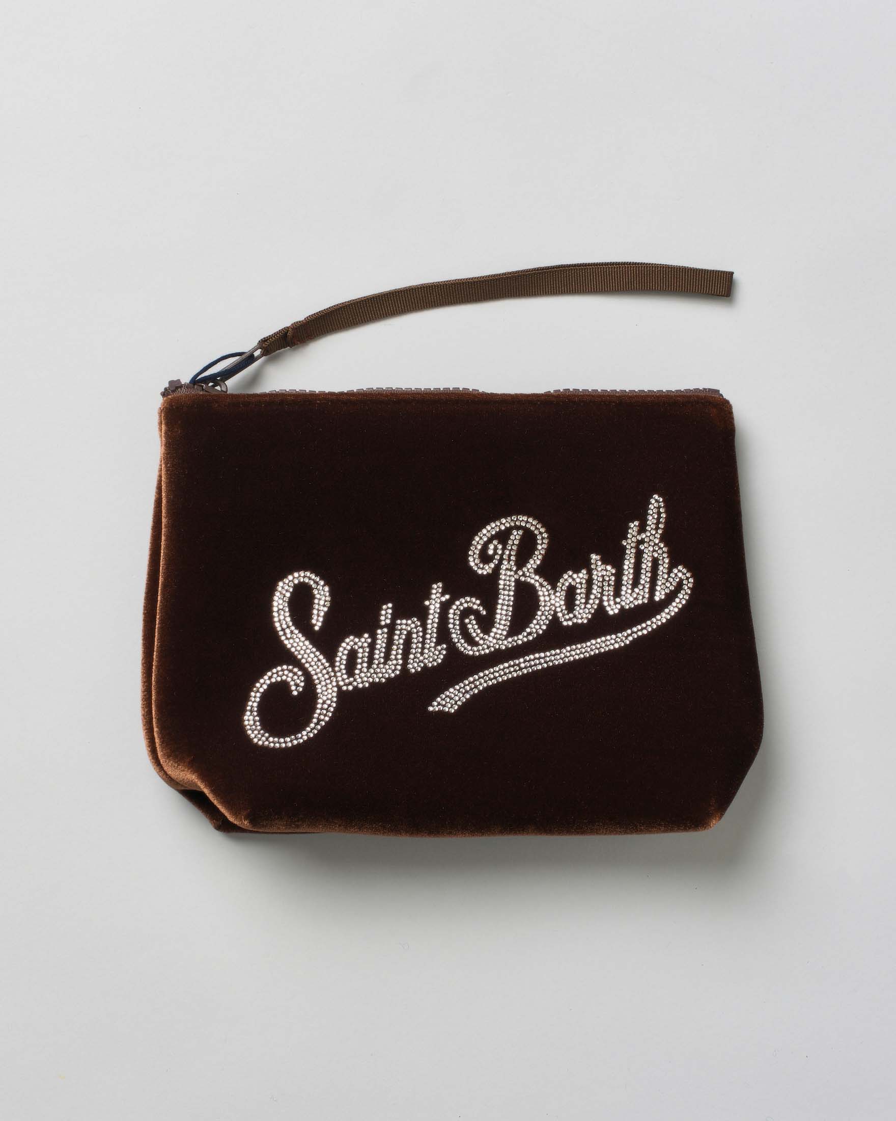 Pochette MC2 Saint Barth marrone in velluco con scritta logo in strass applicati