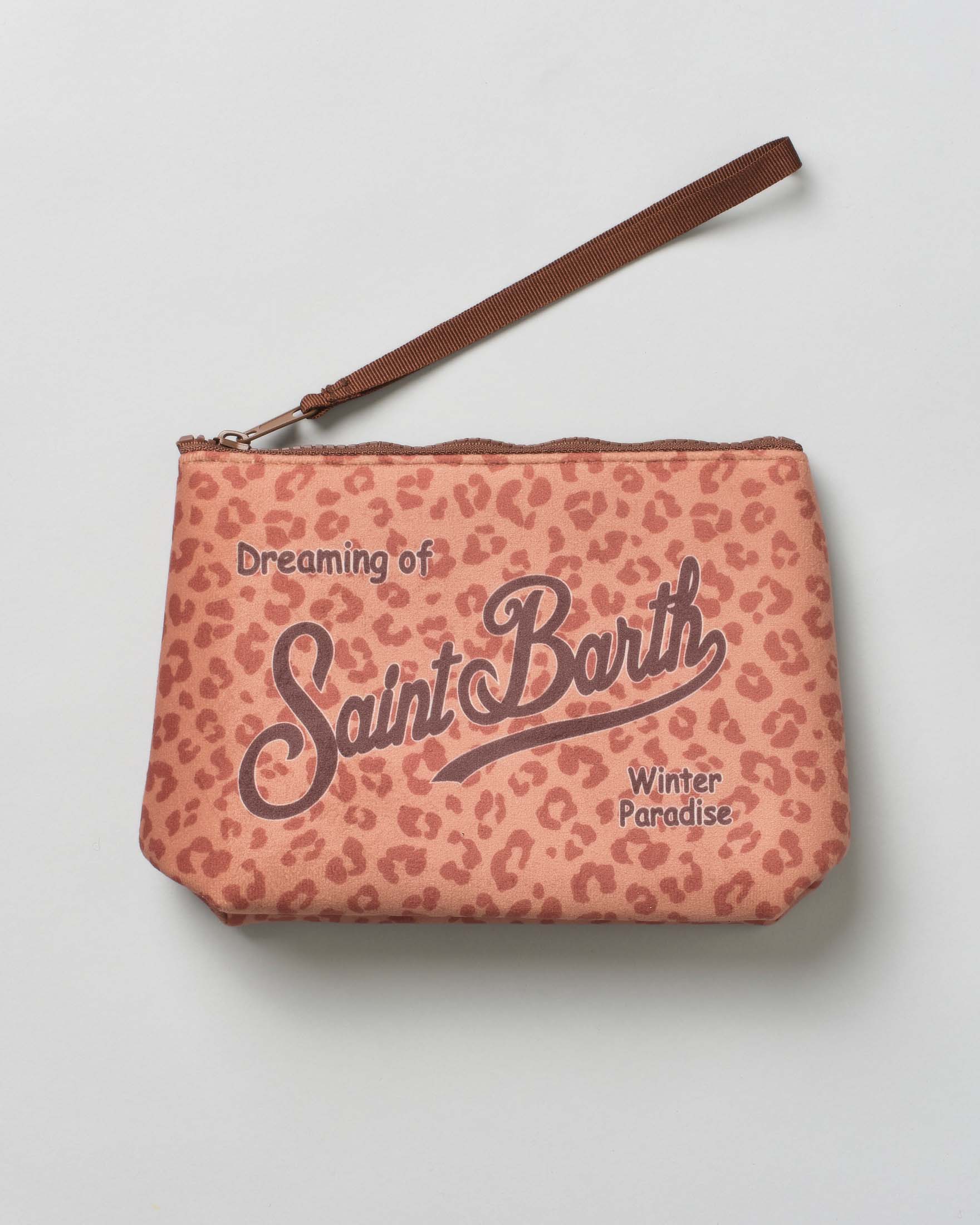 Pochette MC2 Saint Barth a fantasia animalier color cuoio effetto scuba con scritta logo stampata