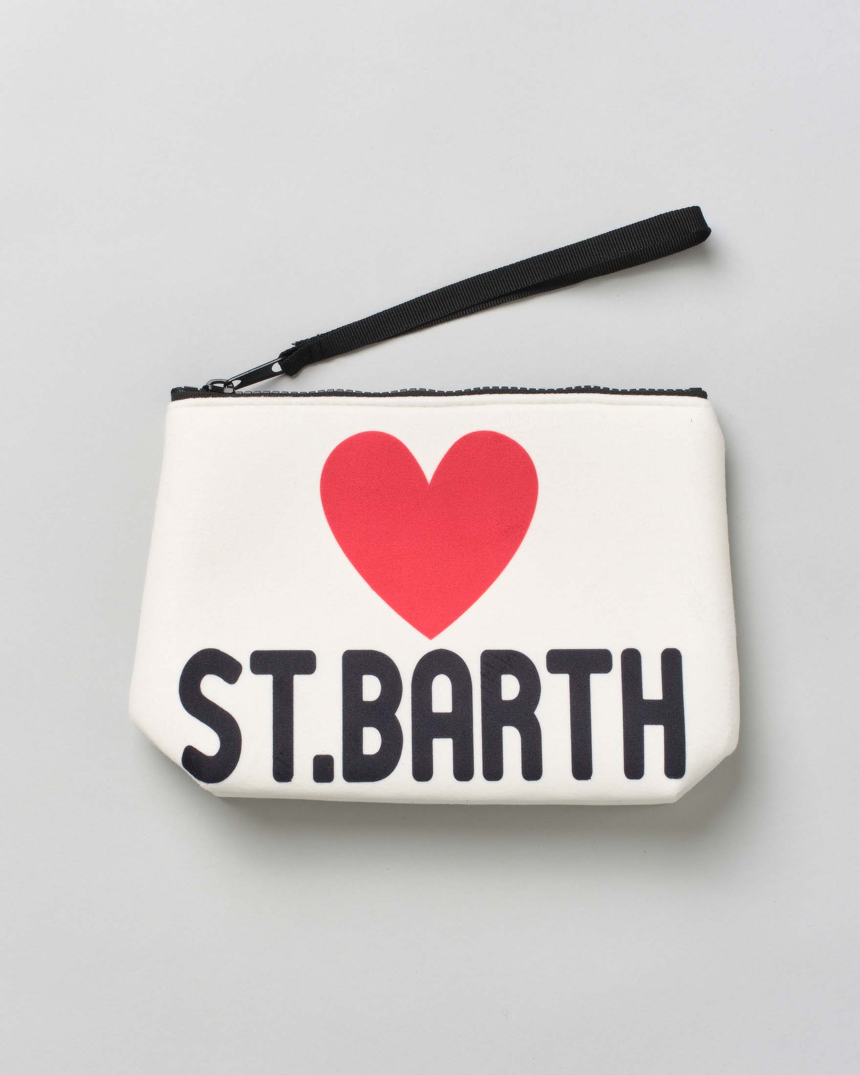 Pochette MC2 Saint Barth bianca effetto scuba con scritta St. Barth e cuore stampati