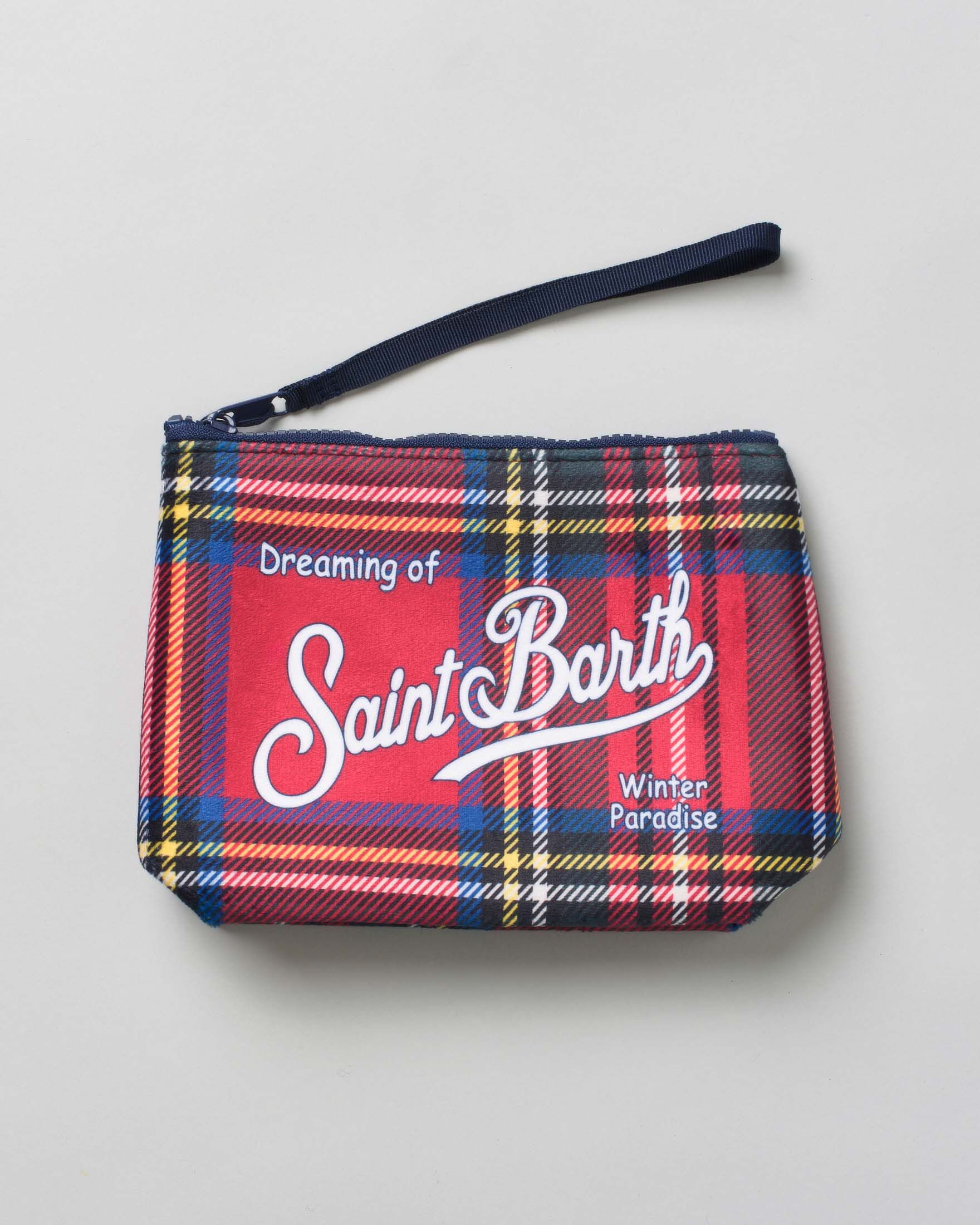 Pochette MC2 Saint Barth rossa a stampa tartan con scritta logo bianca stampata fronte e retro