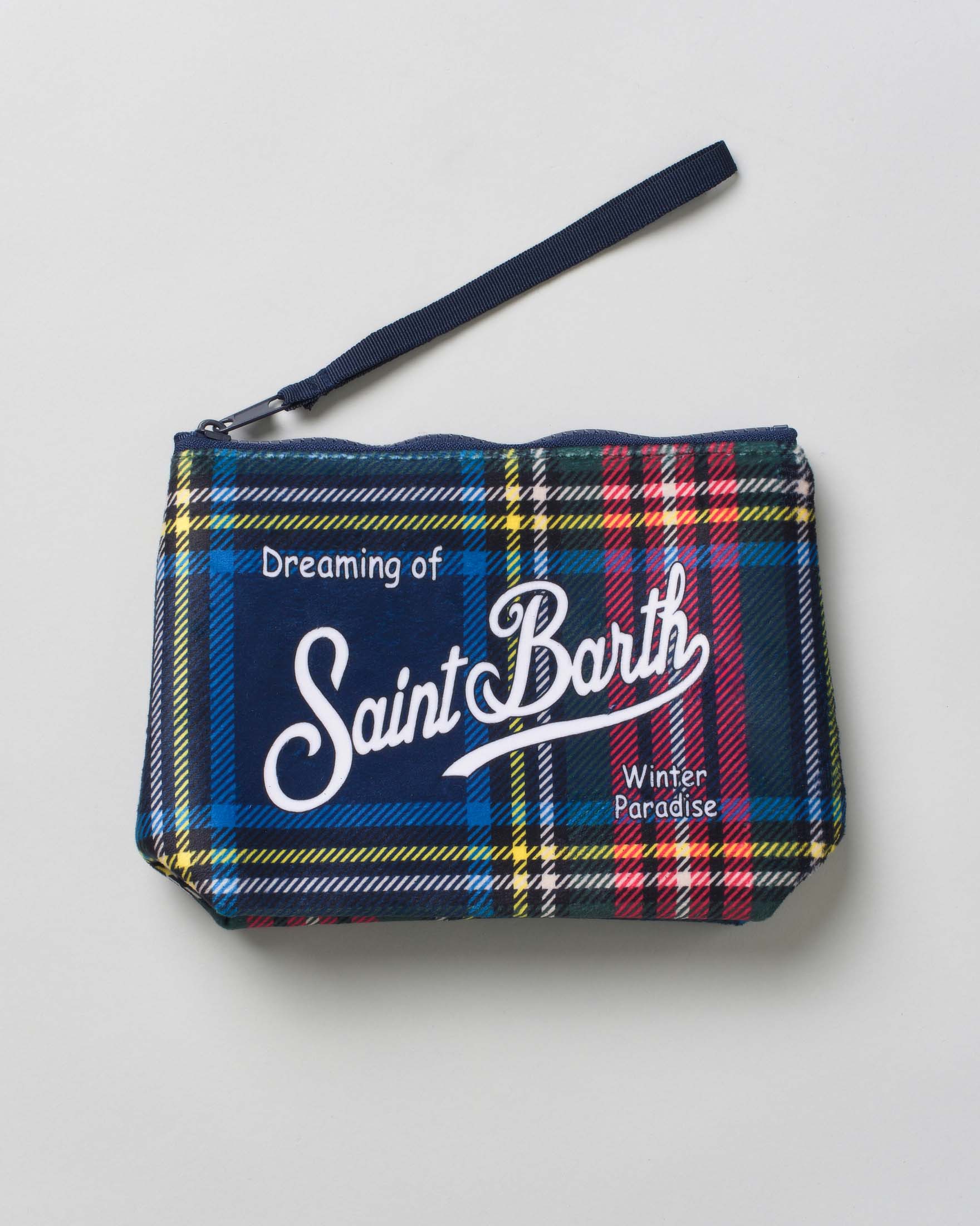 Pochette MC2 Saint Barth blu a stampa tartan con scritta logo bianca stampata fronte e retro
