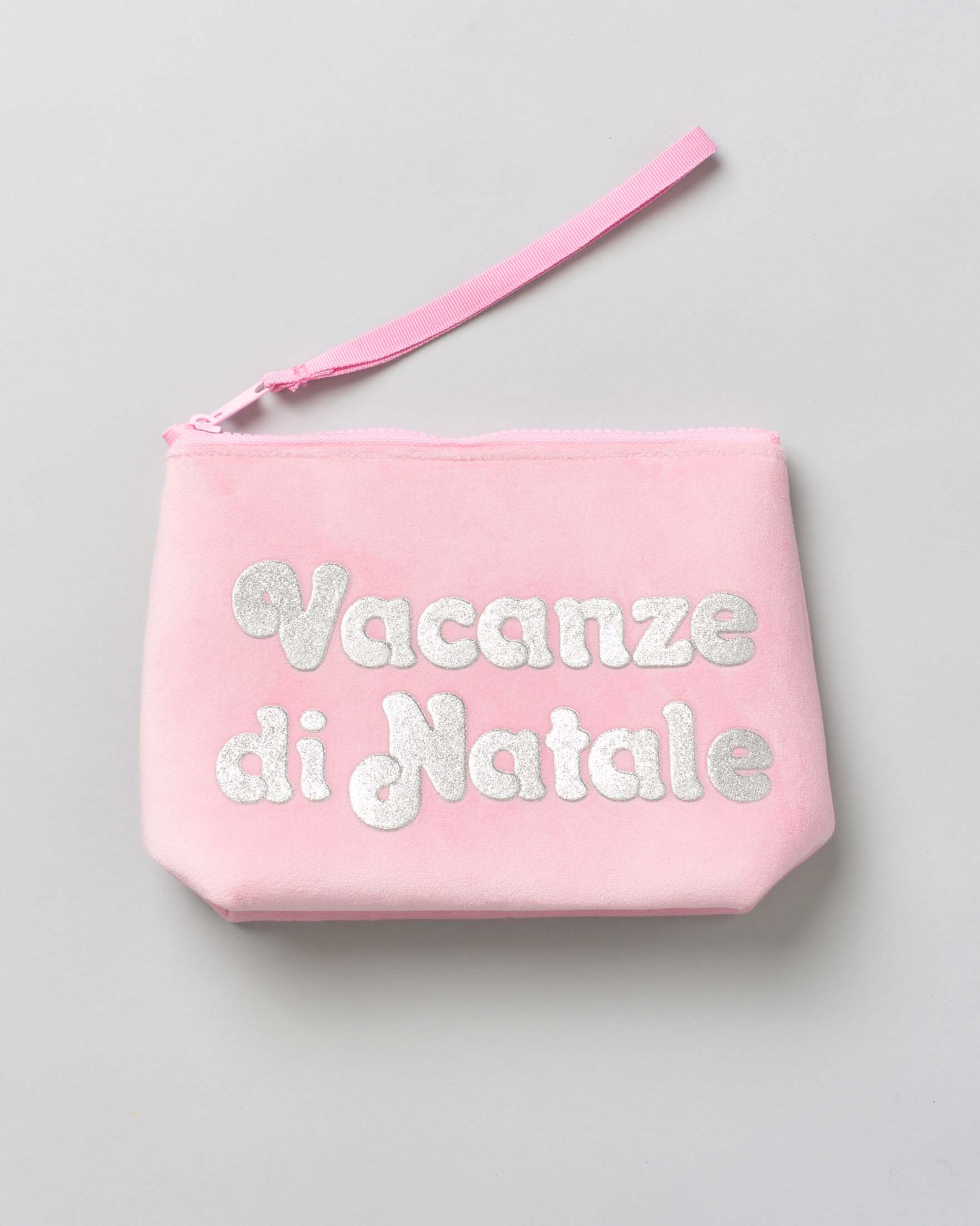 Pochette MC2 Saint Barth rosa in velluco con scritta Vacanze di Natale in glitter argento