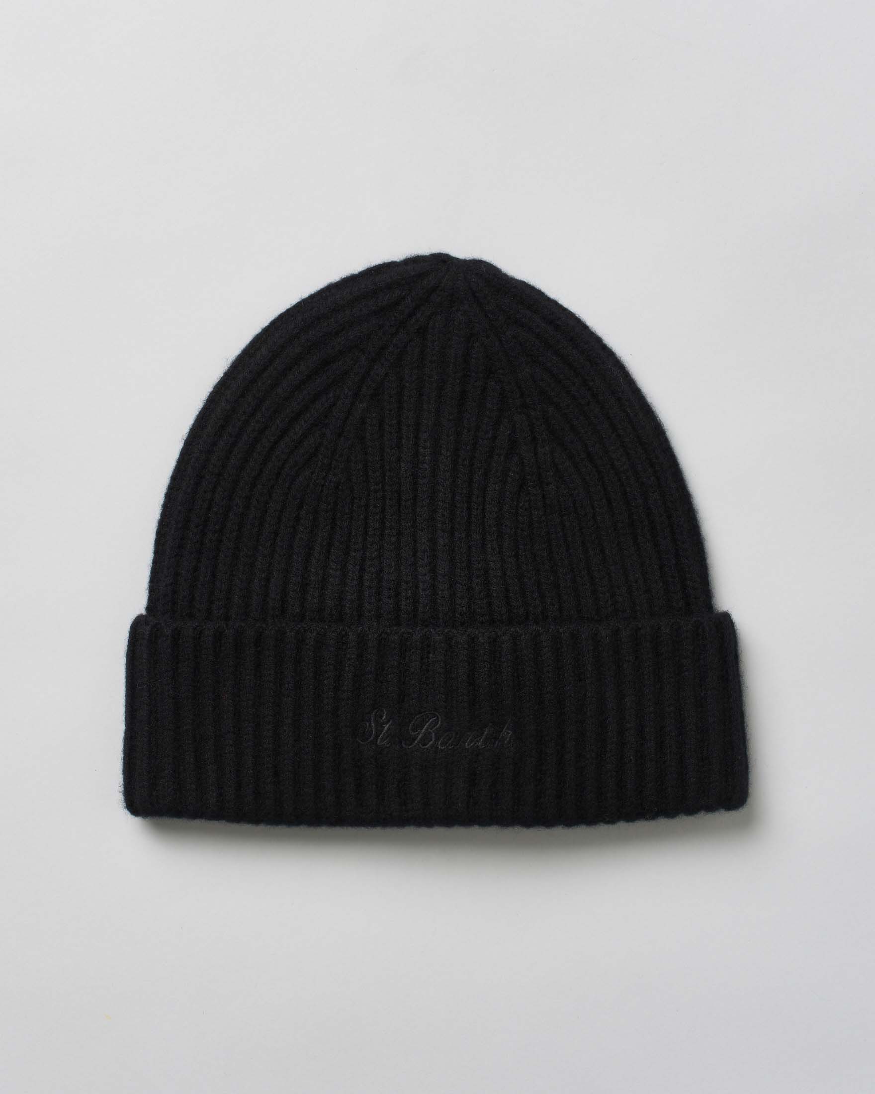 Berretto nero MC2 Saint Barth in lana a coste con scritta logo rosa ricamata sul risvolto