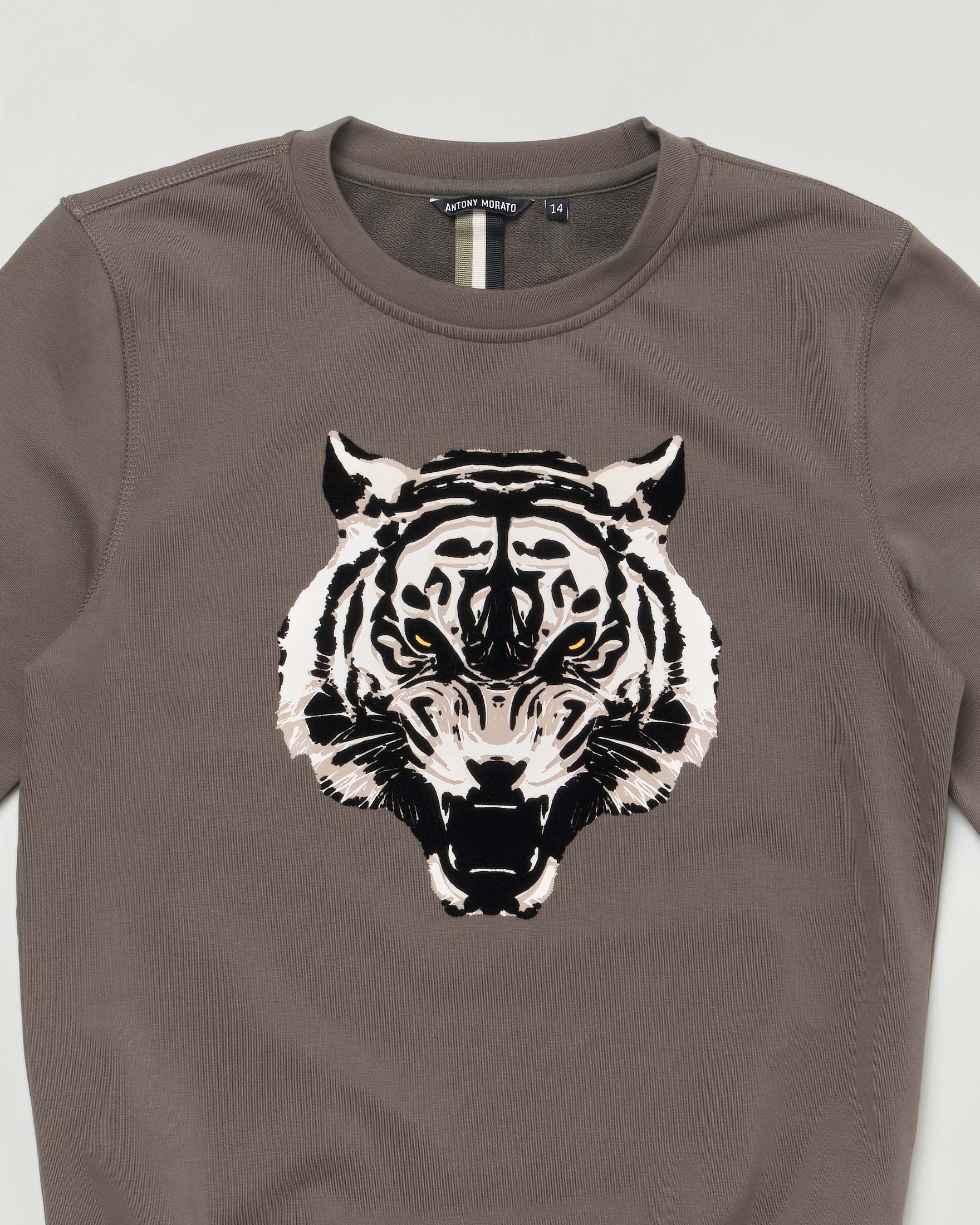 Felpa Antony Morato verde militare in misto cotone con stampa tigre floccata image