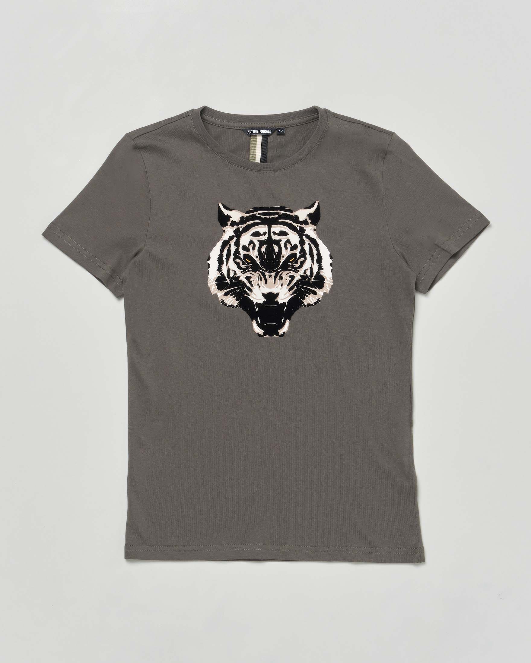 T-shirt Antony Morato verde militare mezza manica con tigre floccata