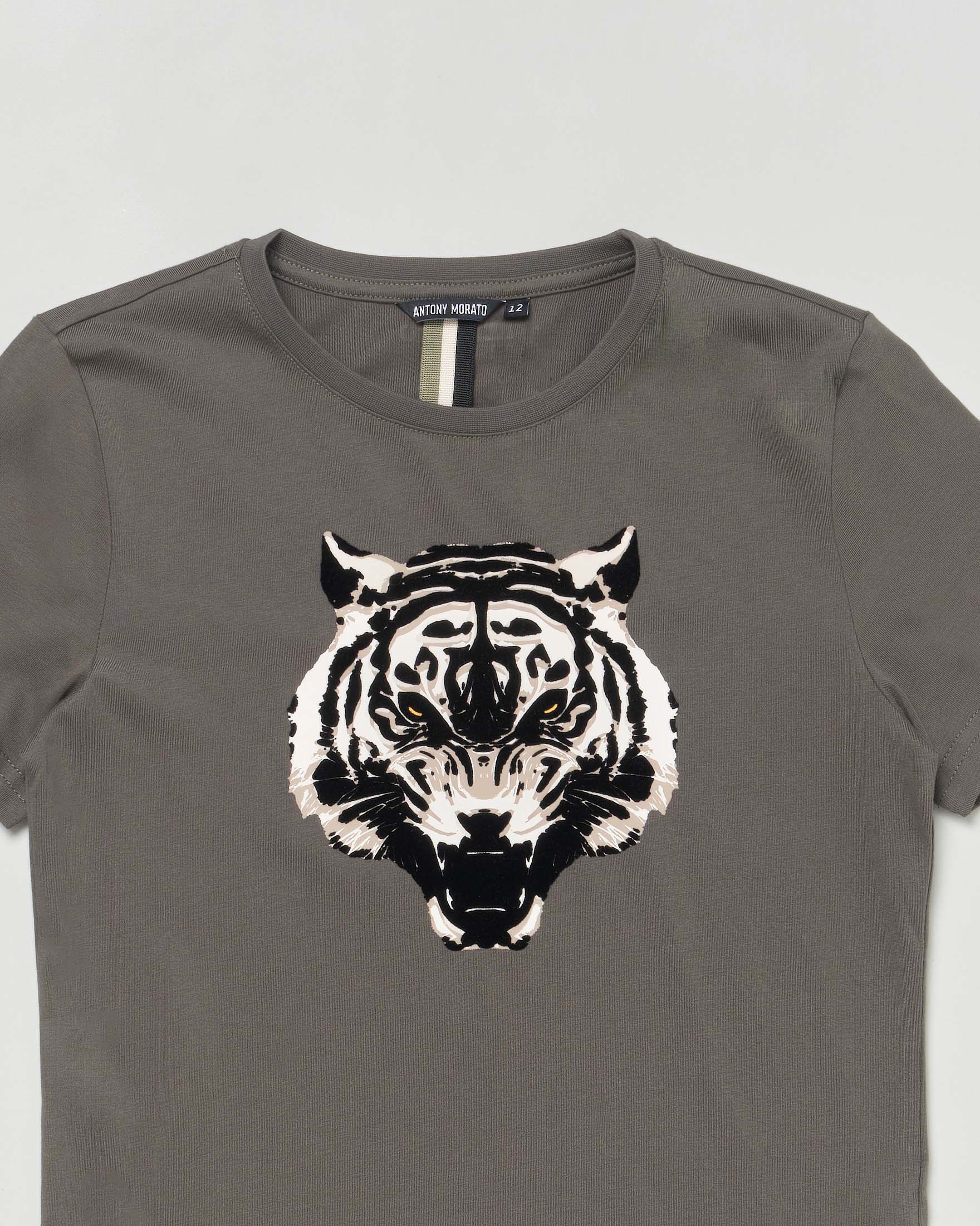 T-shirt Antony Morato verde militare mezza manica con tigre floccata image