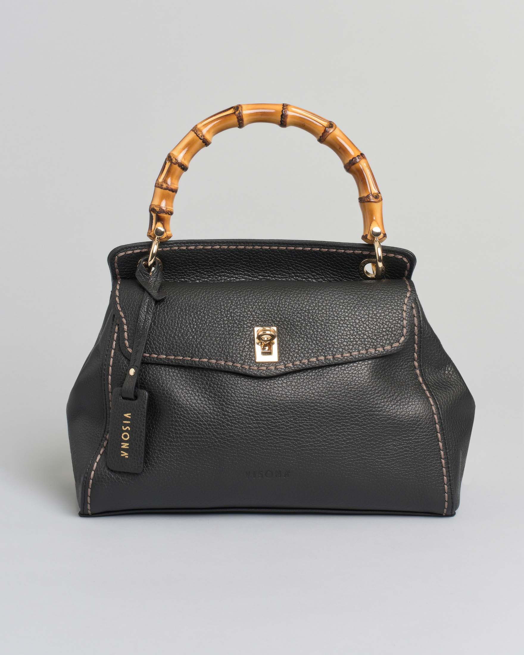 Borsa a mano nera Visonà in pelle martellata con manico in bambù e impunture a contrasto di colore