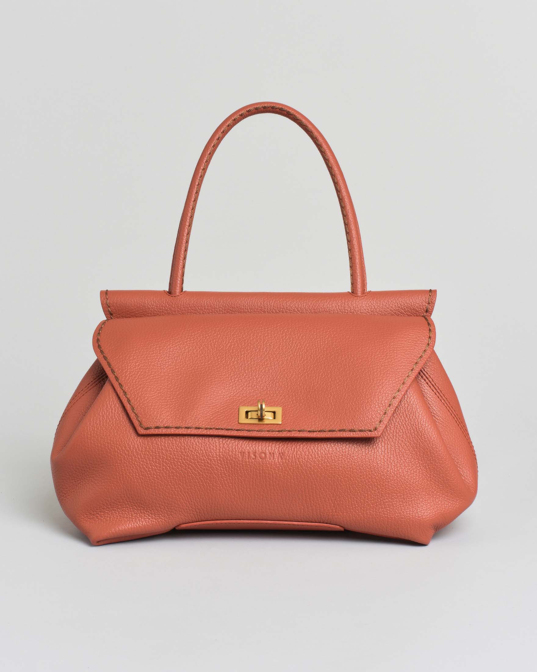 Borsa arancione Visonà in pelle martellata con patta squadrata e manico tubolare