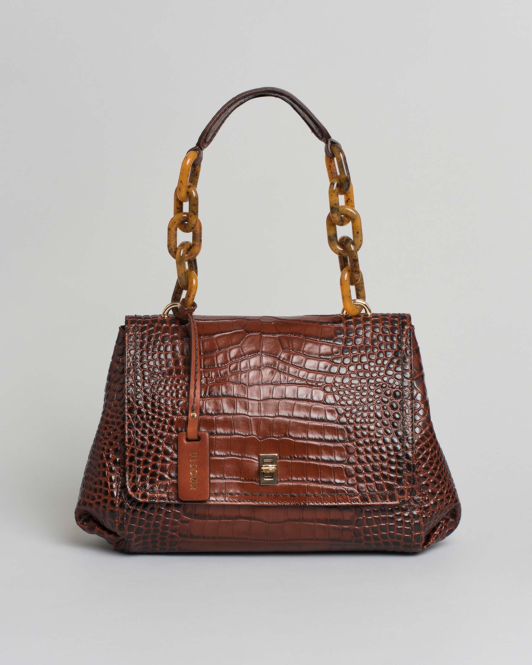 Borsa Visonà color ambra in pelle stampa cocco con manico a catena in resina e inserto abbinato