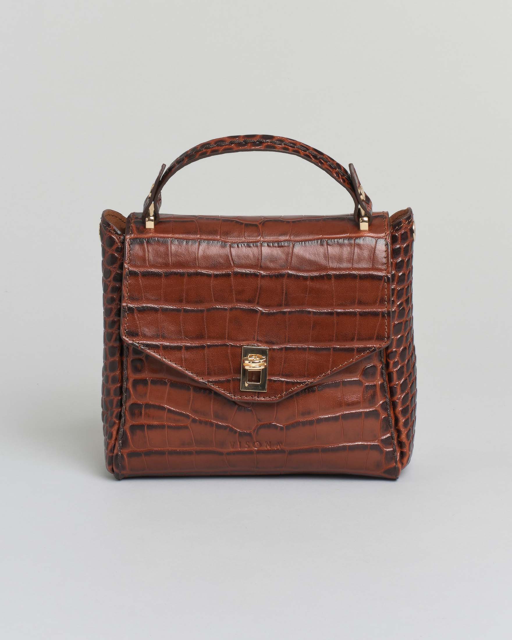 Borsa a mano Visonà misura media in pelle color ambra stampa cocco con patta di chiusura