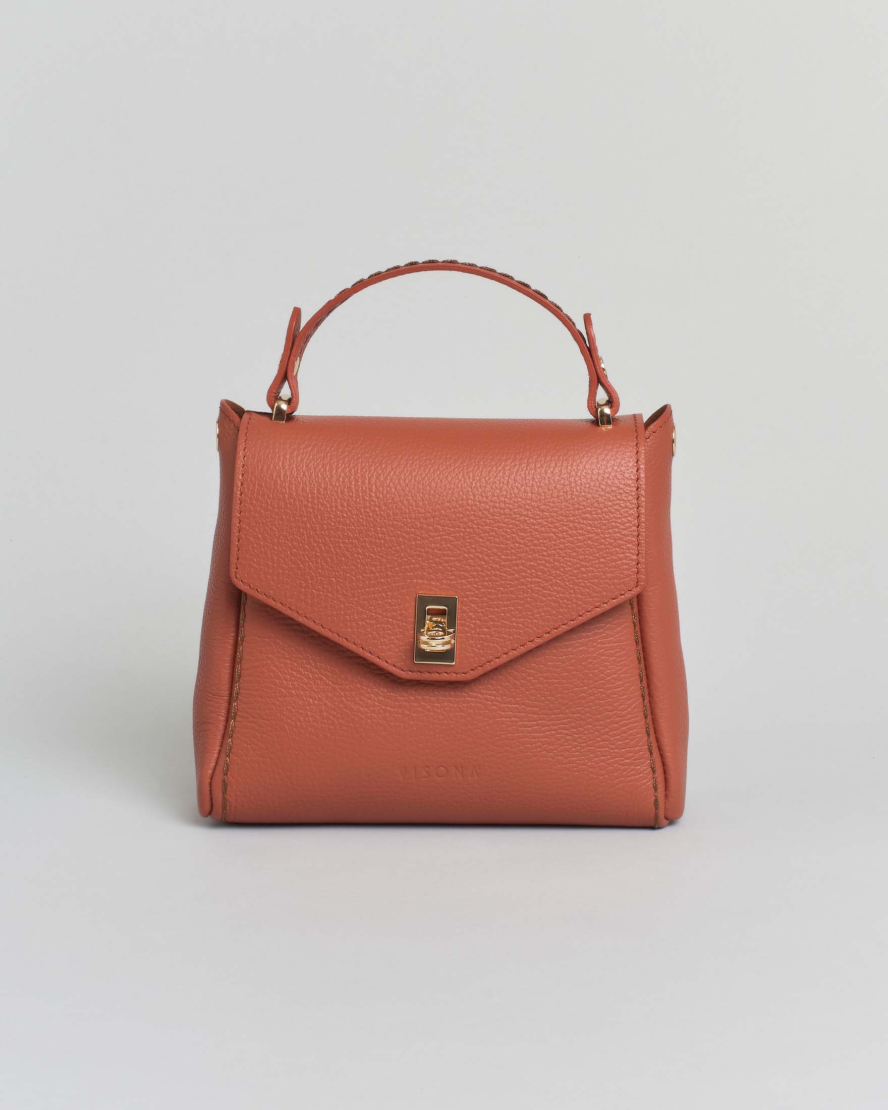 Borsa a mano Visonà misura media arancione in pelle martellata con impunture e patta di chiusura