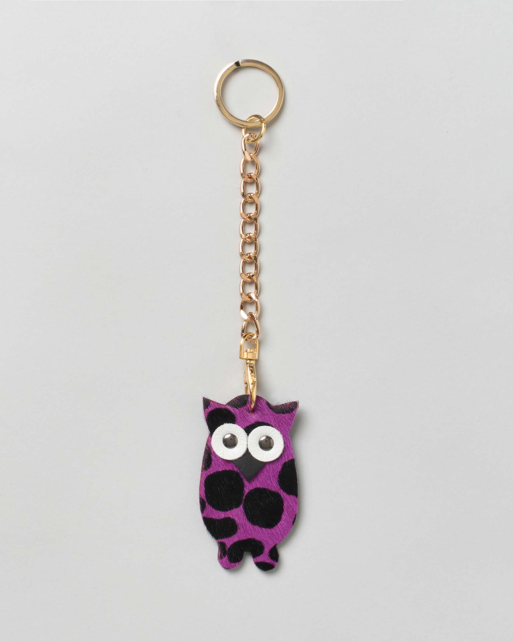 Portachiavi Visonà gufetto in pelle e cavallino a pois fucsia con catena e anello dorati