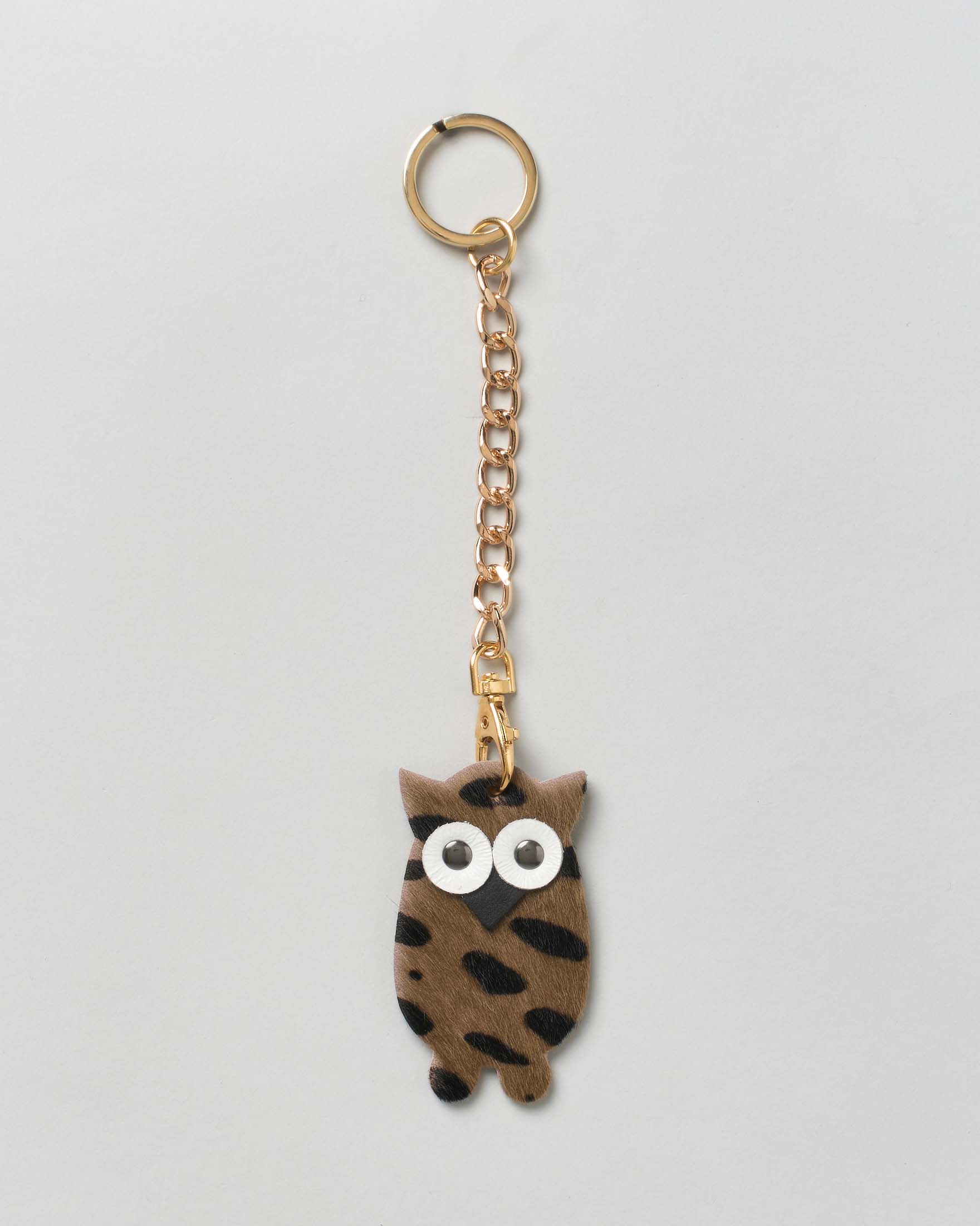 Portachiavi Visonà gufetto in pelle e cavallino a pois color taupe con catena e anello dorati