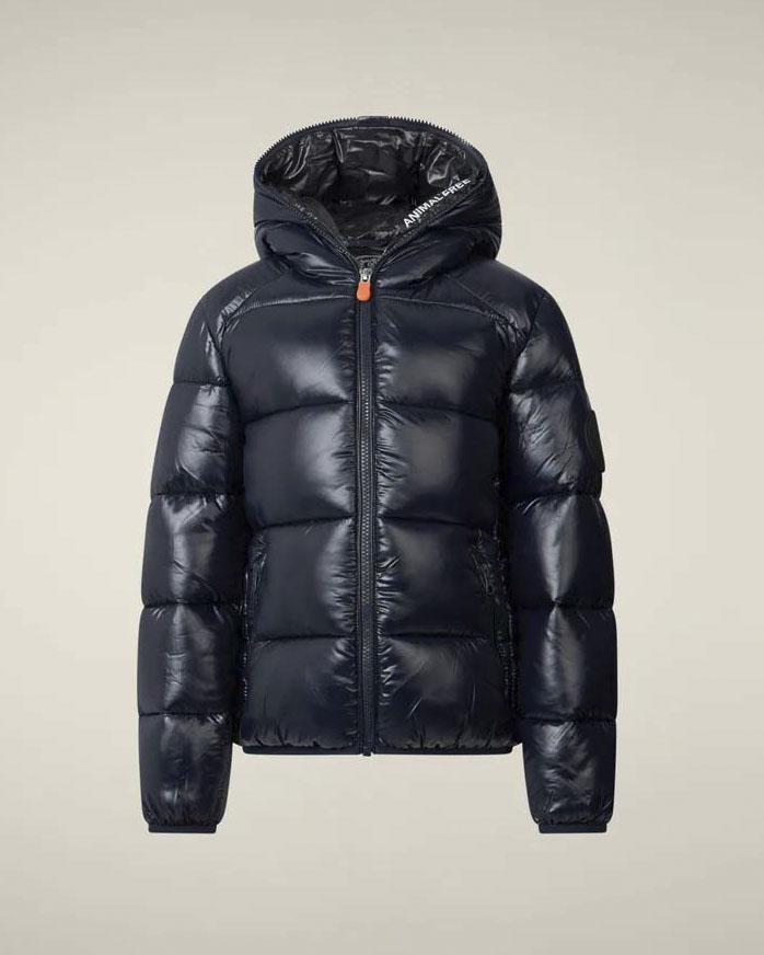 Piumino Save the duck blu modello Artie in tessuto lucido con cappuccio ed interno nero