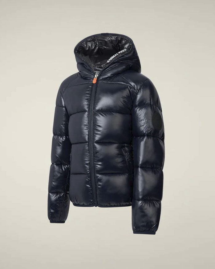 Piumino Save the duck blu modello Artie in tessuto lucido con cappuccio ed interno nero image