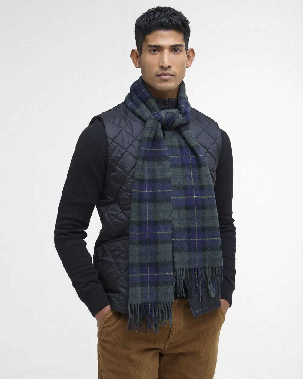 Sciarpa Barbour in tartan check verde e blu in pura lana Barbour