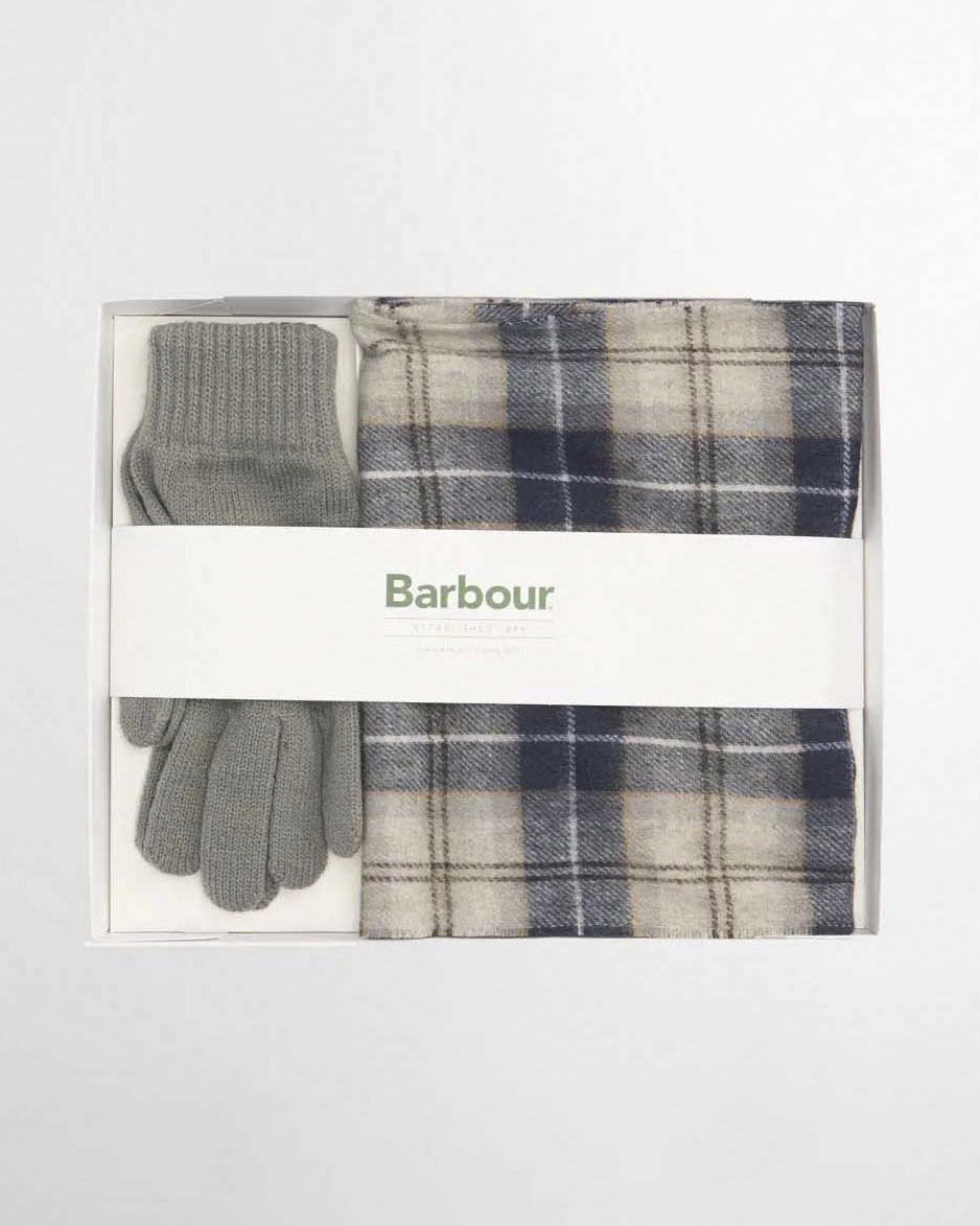 Cofanetto idea regalo Barbour composto da sciarpa tartan check e guanto grigio
