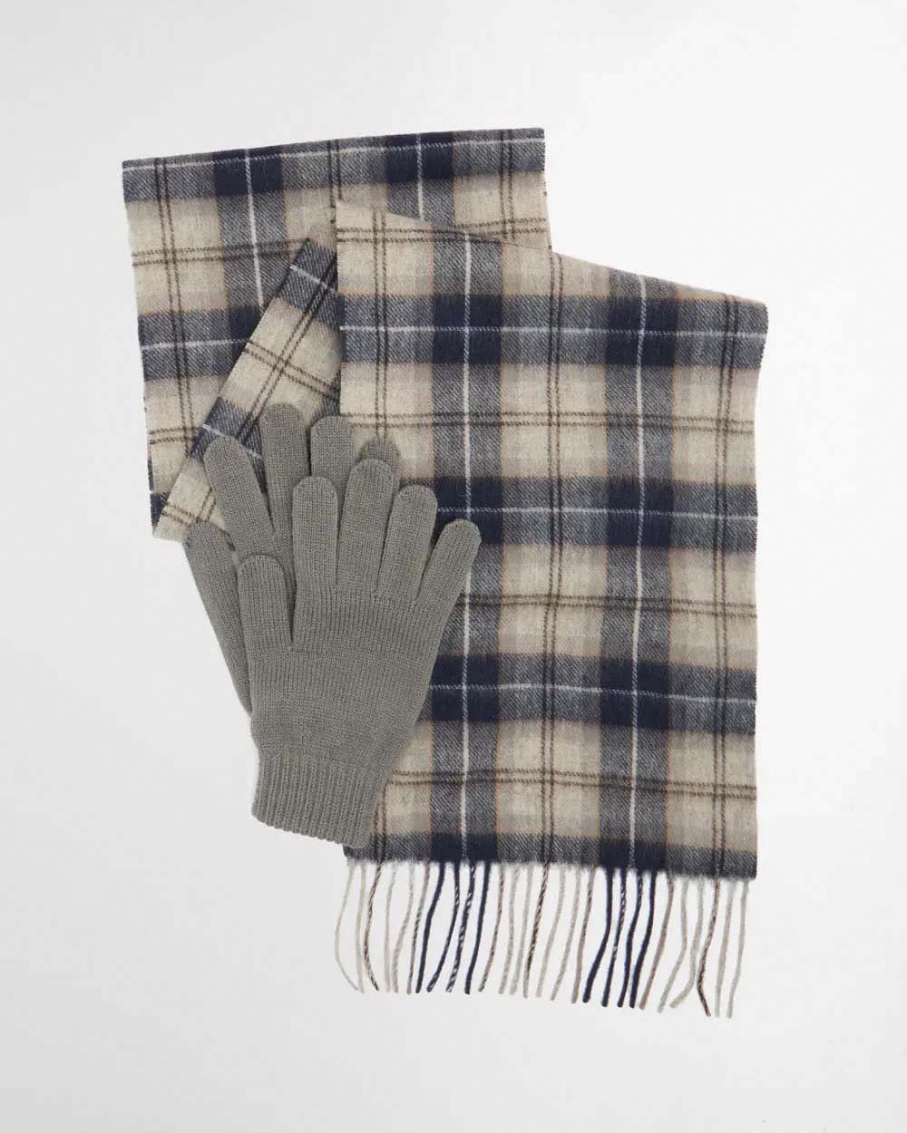 Cofanetto idea regalo Barbour composto da sciarpa tartan check e guanto grigio