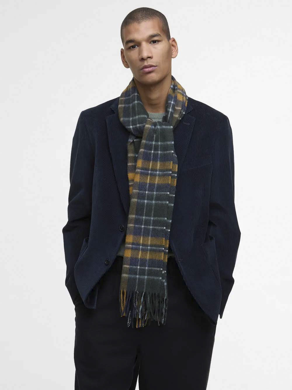 Sciarpa Barbour in tartan check ocra verde e blu in misto lana e cachemire