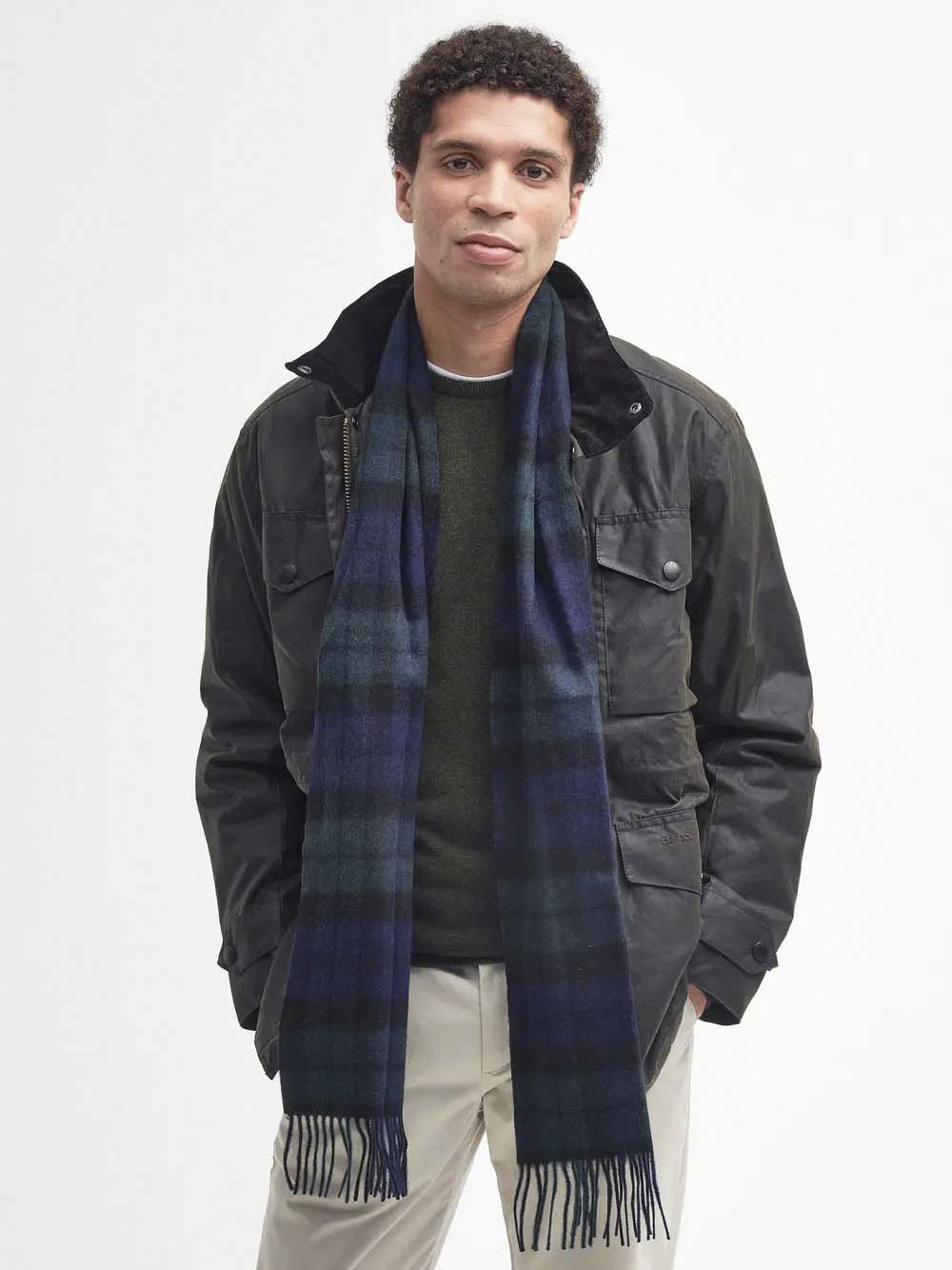 Sciarpa Barbour in tartan check verde e blu in misto lana e cachemire