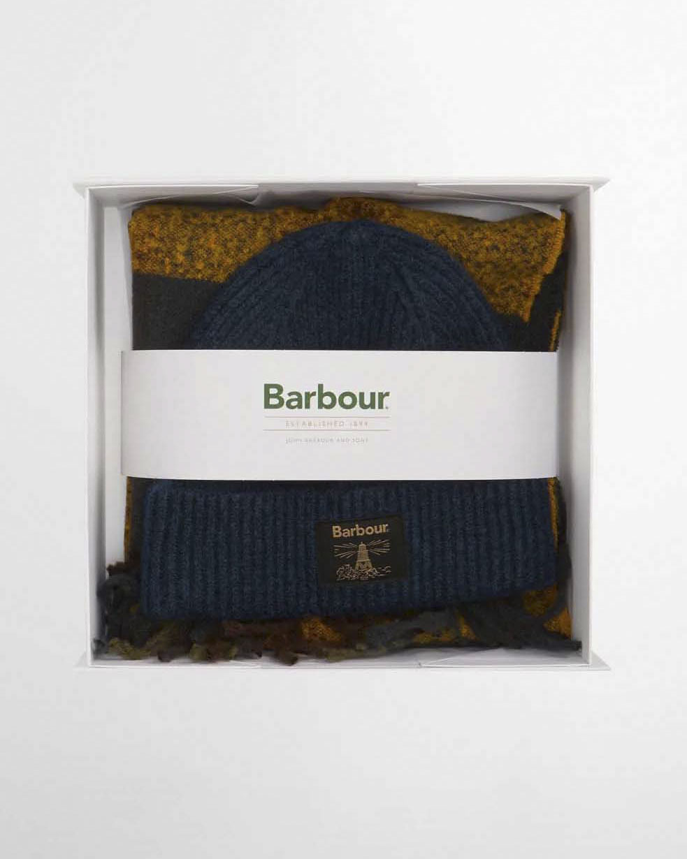 Cofanetto Barbour idea regalo composto da sciarpa tartan check verde militare e ocra e berretto blu