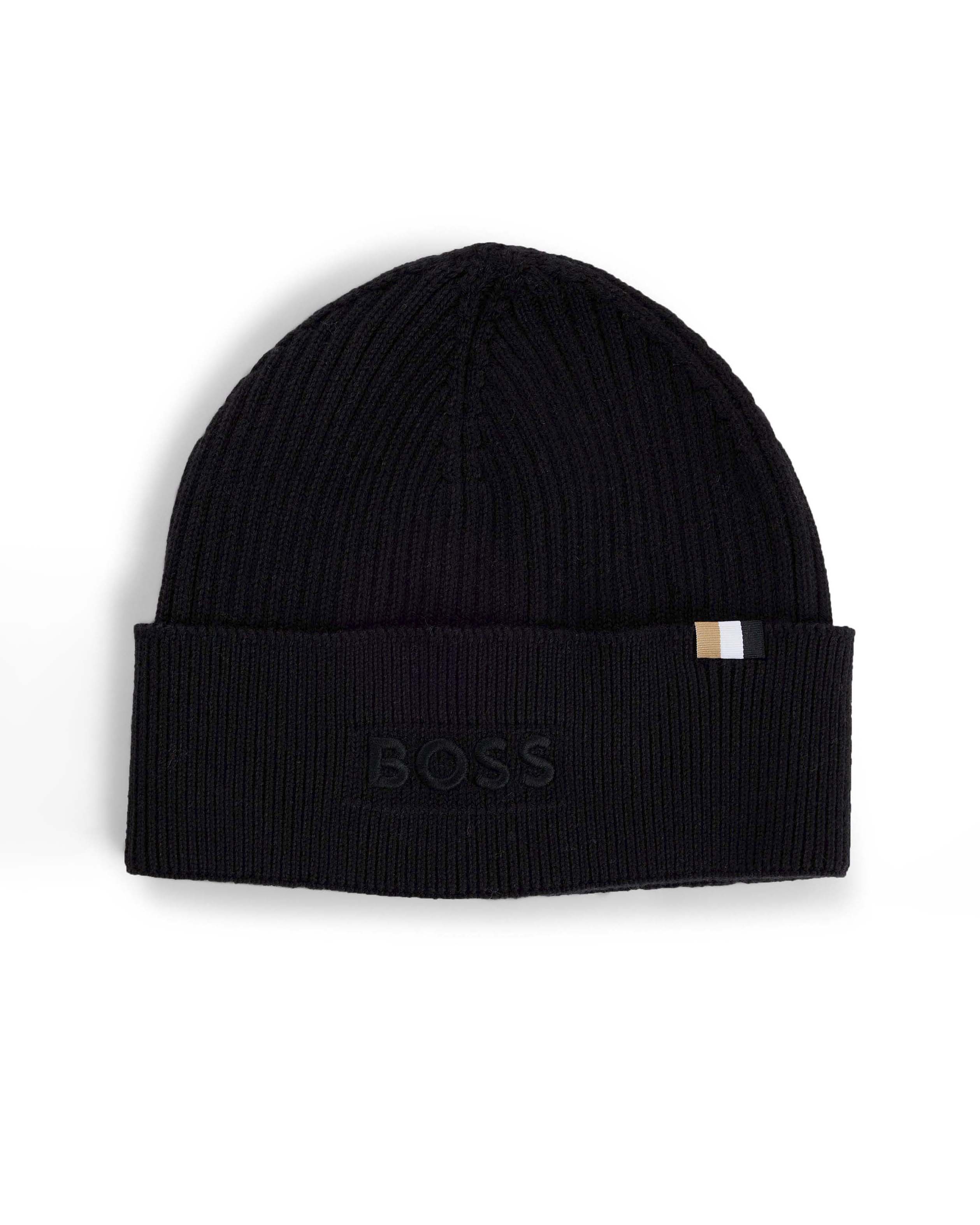 Berretto Boss nero in misto cotone e lana a costine