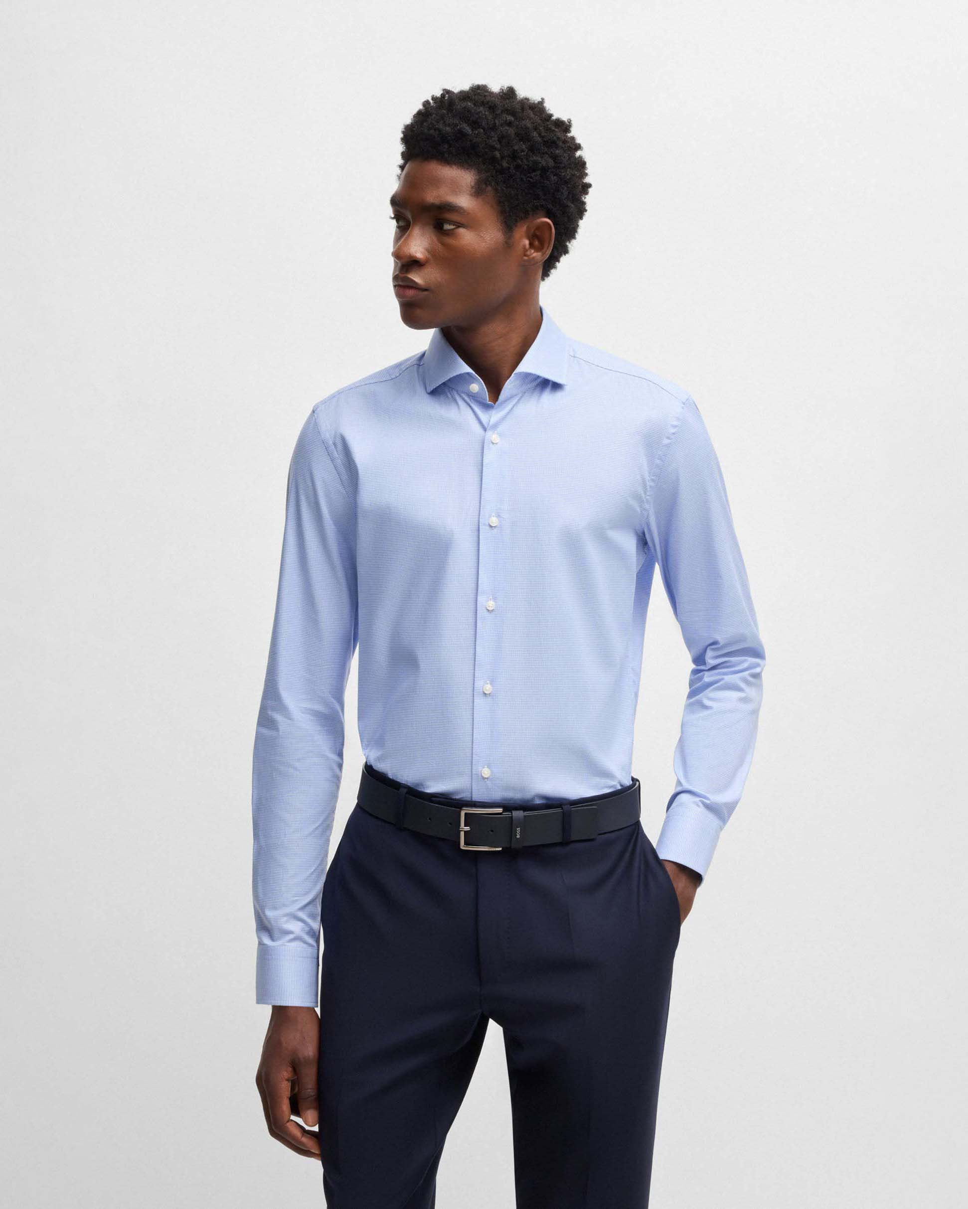 Camicia Spread azzurra in cotone stretch micro pied de poule con colletto aperto alla francese