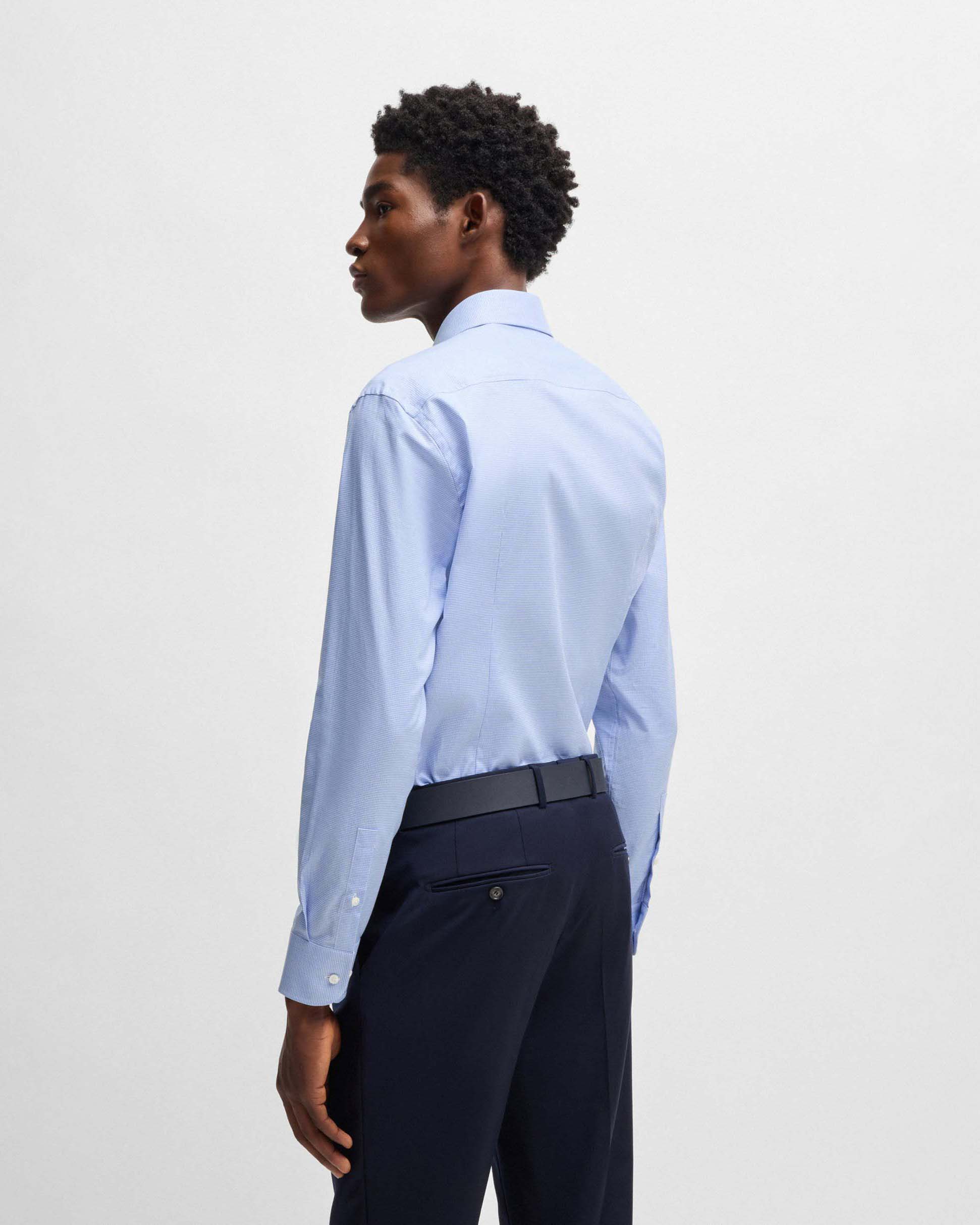 Camicia Spread Boss azzurra in cotone stretch micro pied de poule con colletto aperto alla francese image