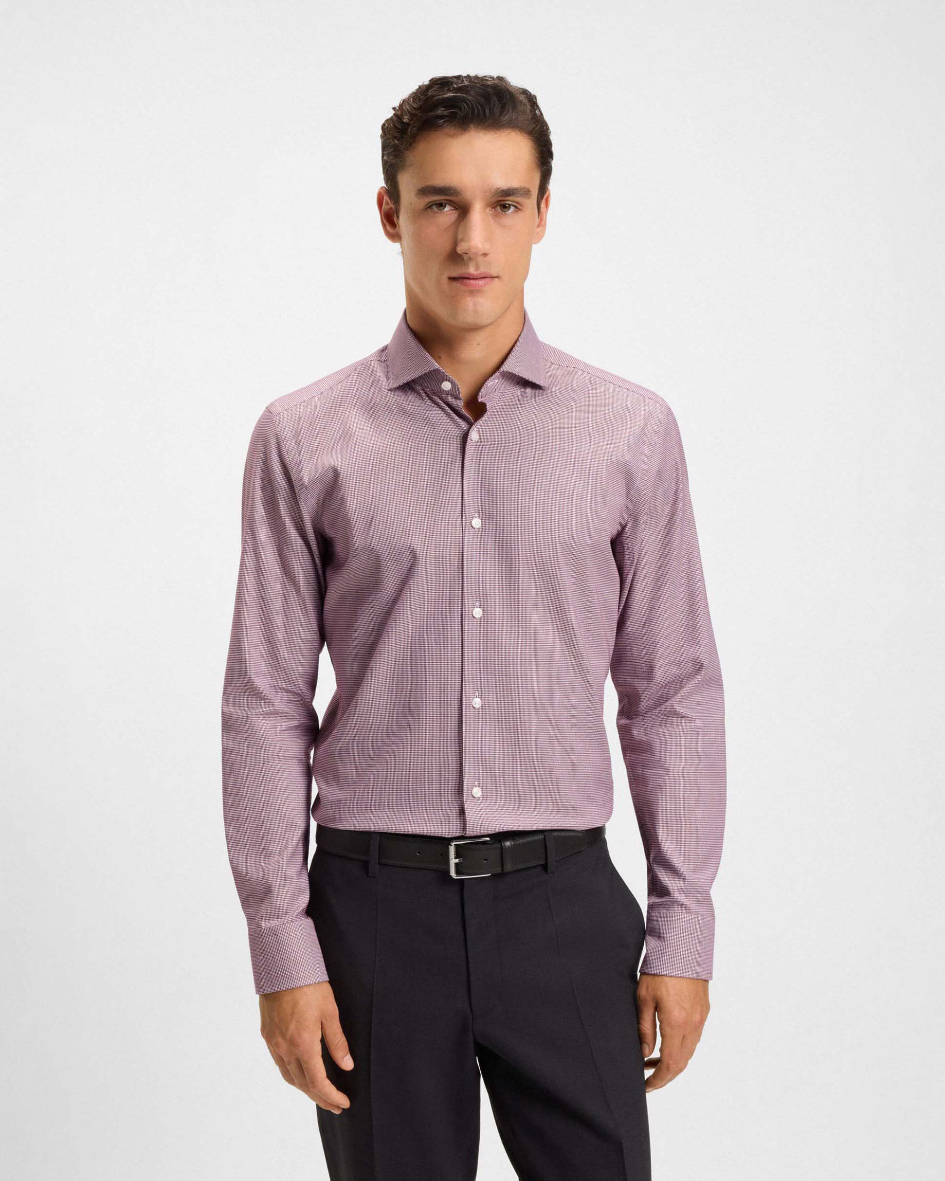 Camicia Spread Boss bordeaux in cotone stretch micro pied de poule con colletto aperto alla francese