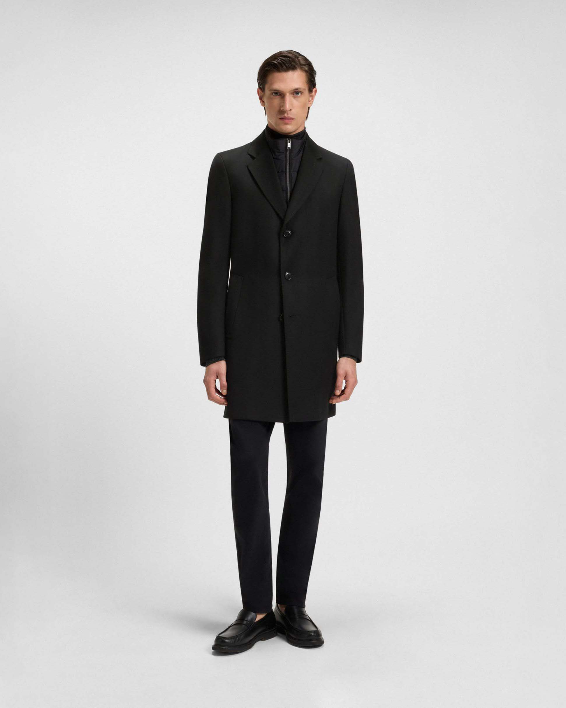 Cappotto Hyde nero slim-fit in panno di misto lana con davantino staccabile