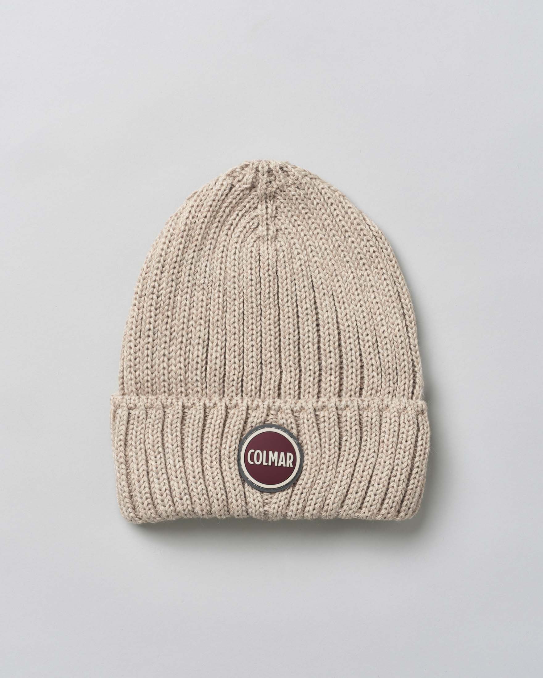 Berretto Colmar Originals beige in lana a coste inglesi con logo