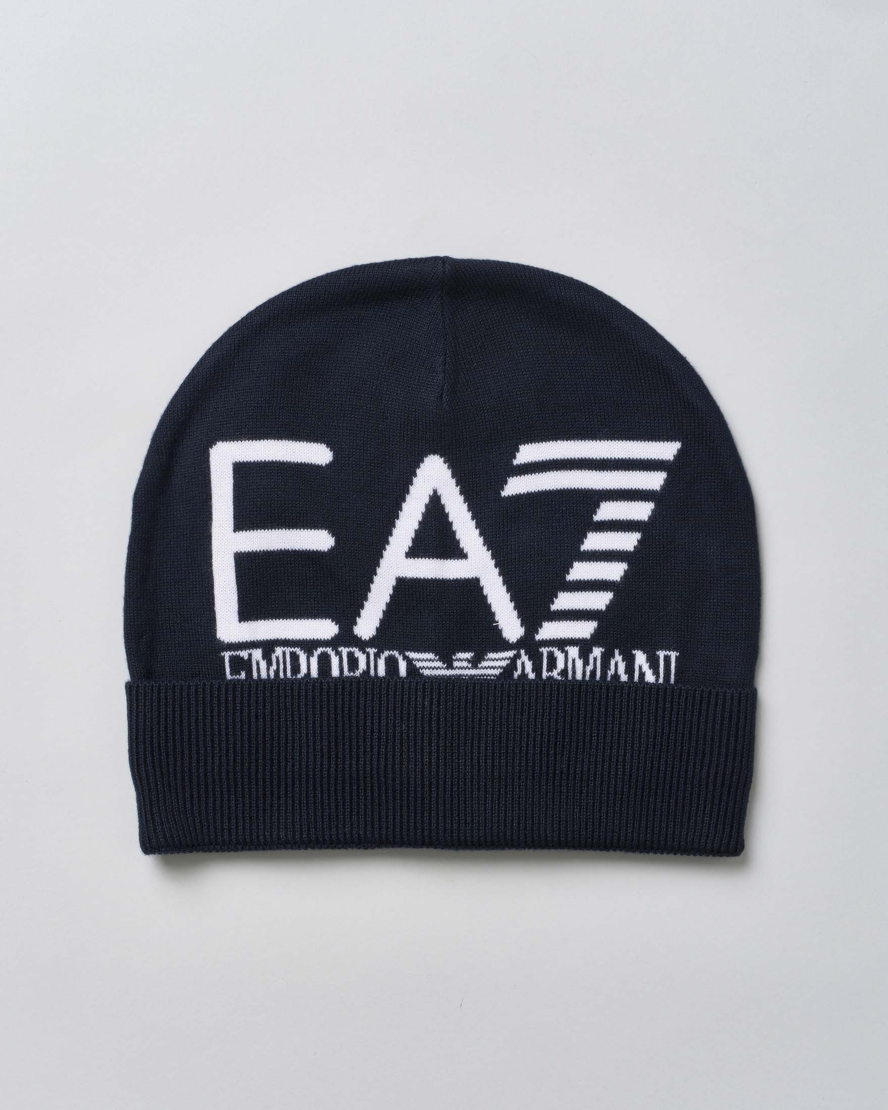 Berretto blu in maglia a costine con risvolto e maxi logo jacquard bianco davanti