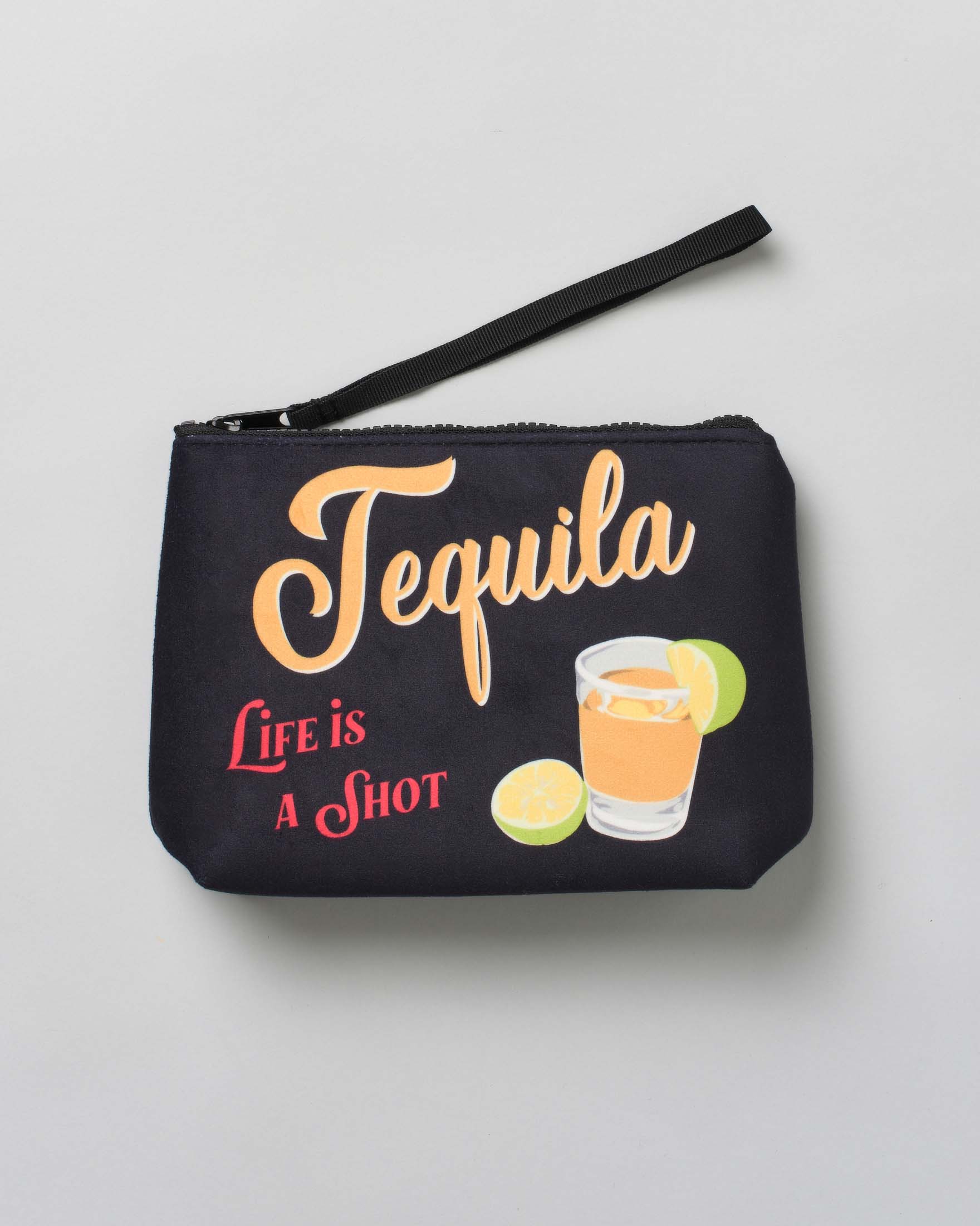 Pochette Aline nera in tessuto effetto lana con grafica Tequila