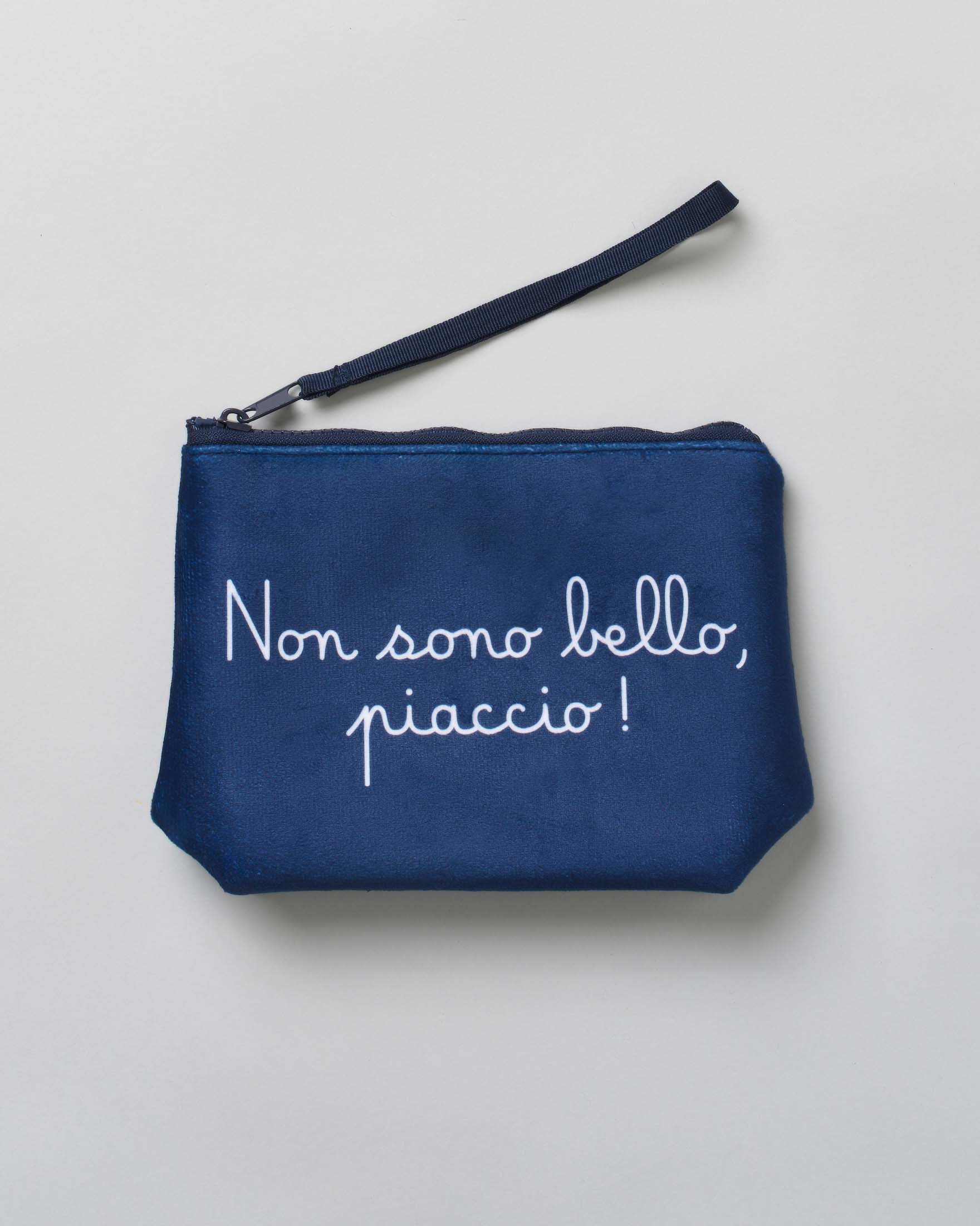 Pochette Aline blu in tessuto effetto lana con scritta Non Sono Bello, Piaccio!