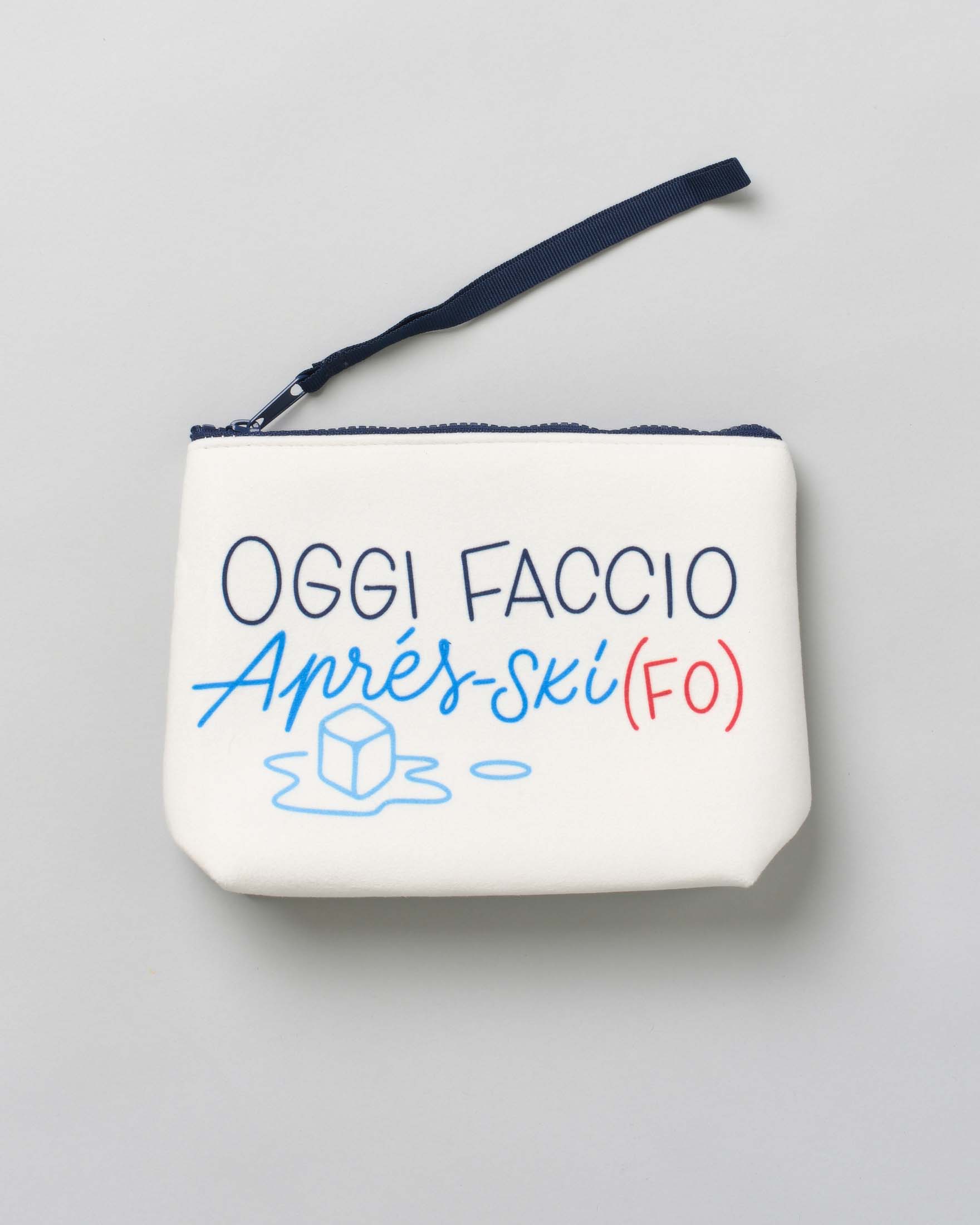 Pochette Aline bianca in tessuto effetto lana con scritta Oggi faccio Aprés-Ski(fo)