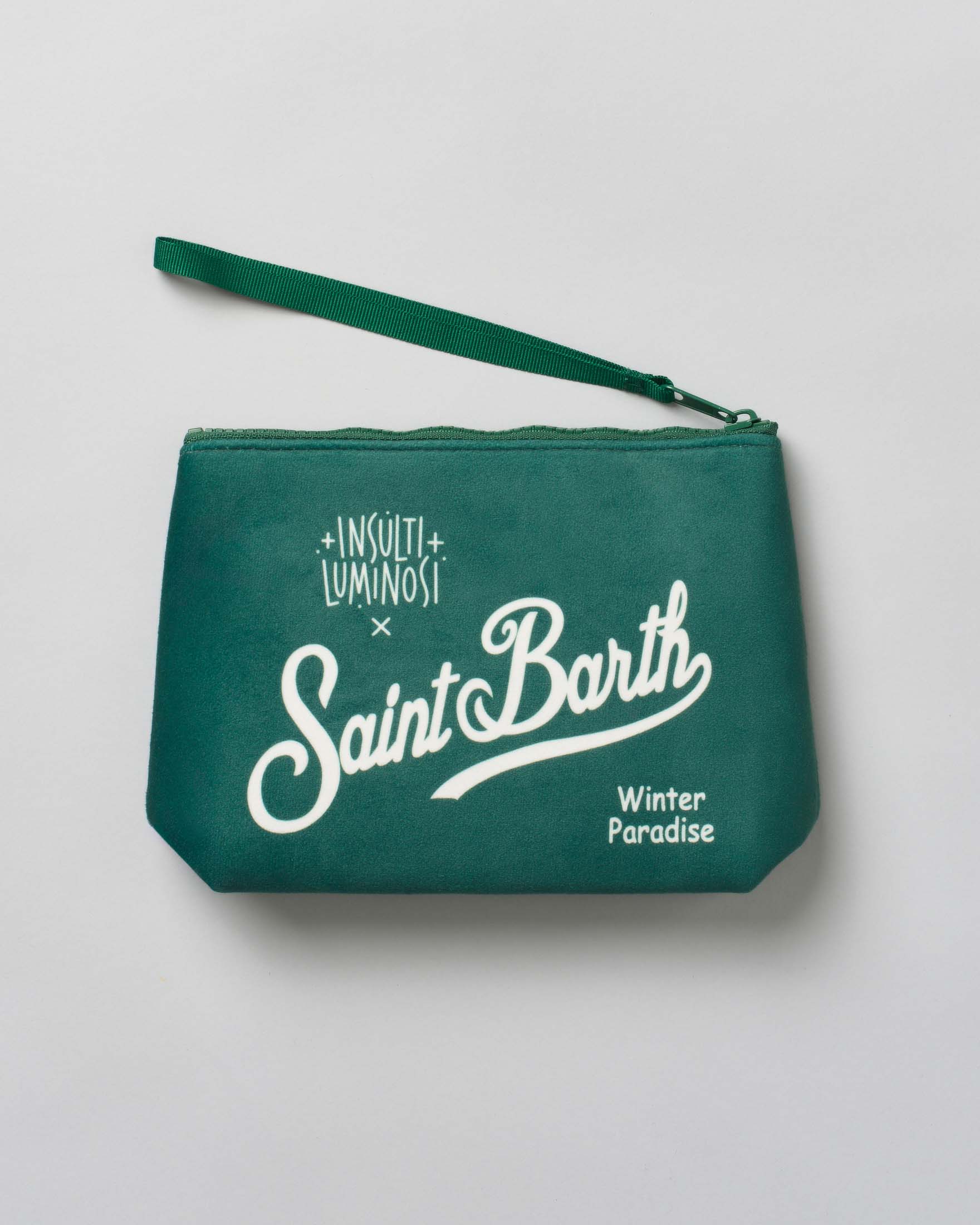 Pochette Aline verde in tessuto effetto lana con scritta Vecchio Lupo (delle nevi) image