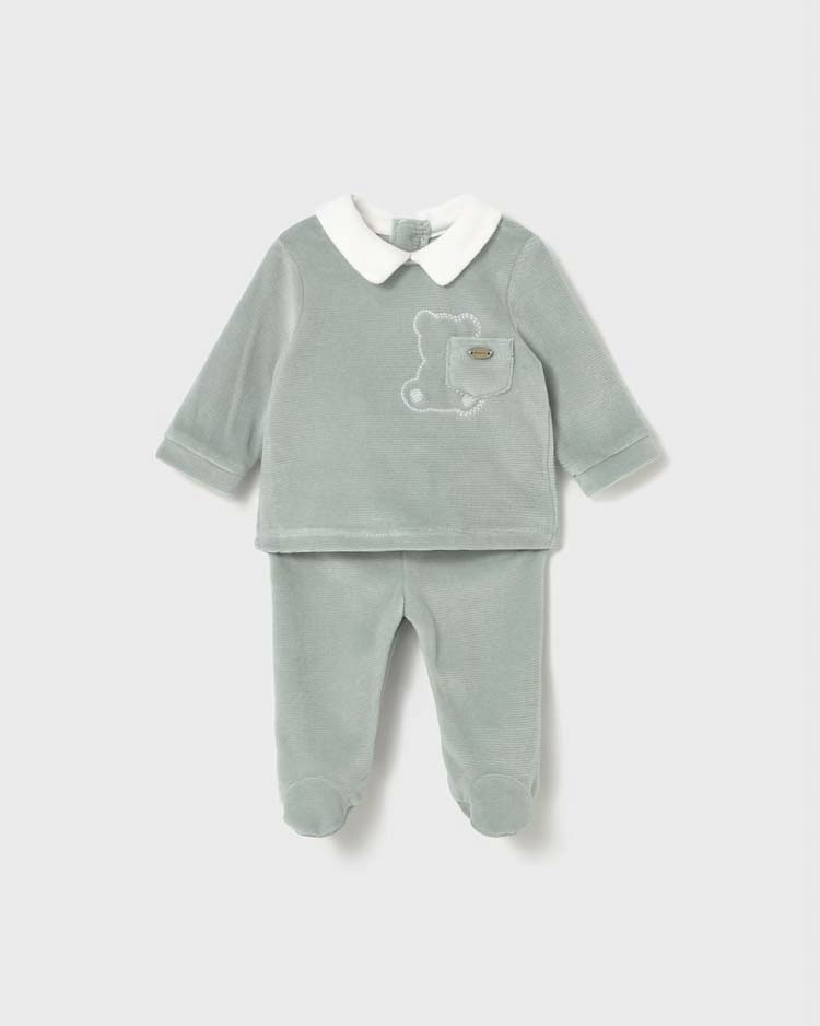 Completo Mayoral verde acqua in ciniglia con orsetto