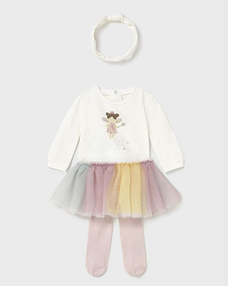Set con body bianco gonna in tulle multicolor con collant rosa e fascia bianca