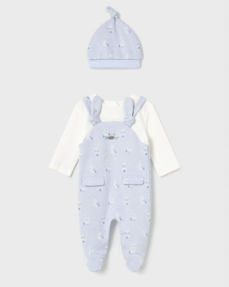 Tutina Mayoral azzurra e bianca con cappellino e fantasia coniglietti