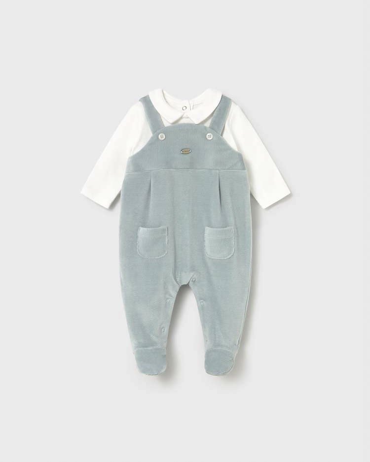 Tutina Mayoral verde acqua e bianca in velluto a maniche lunghe