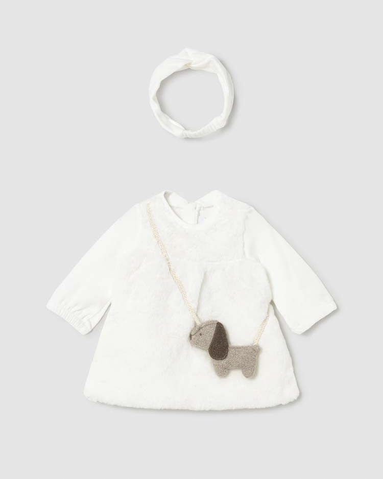 Abito Mayoral bianco in ecopelliccia con cagnolino 3D e fascia
