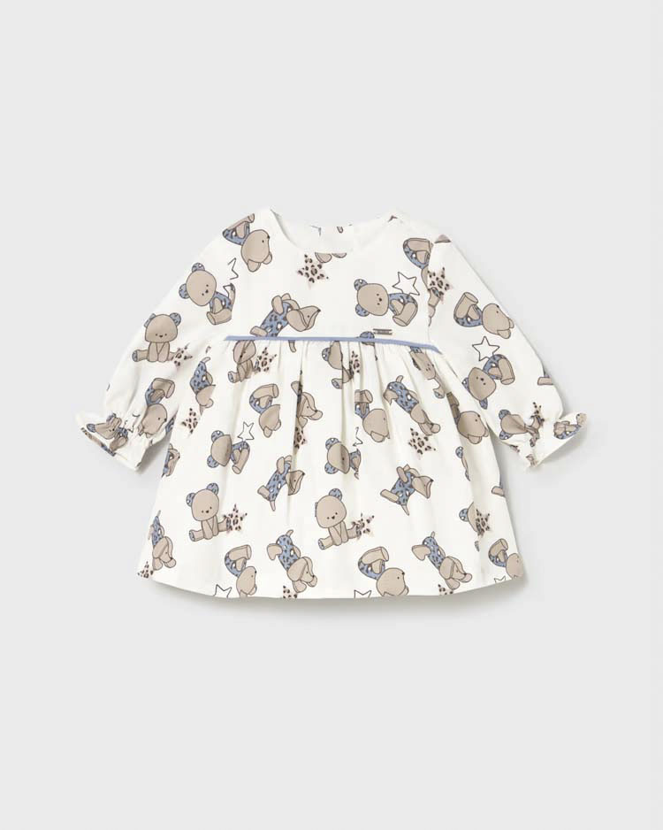 Abito Mayoral avorio fit and flare a maniche lunghe in velluto con stampa orsetti