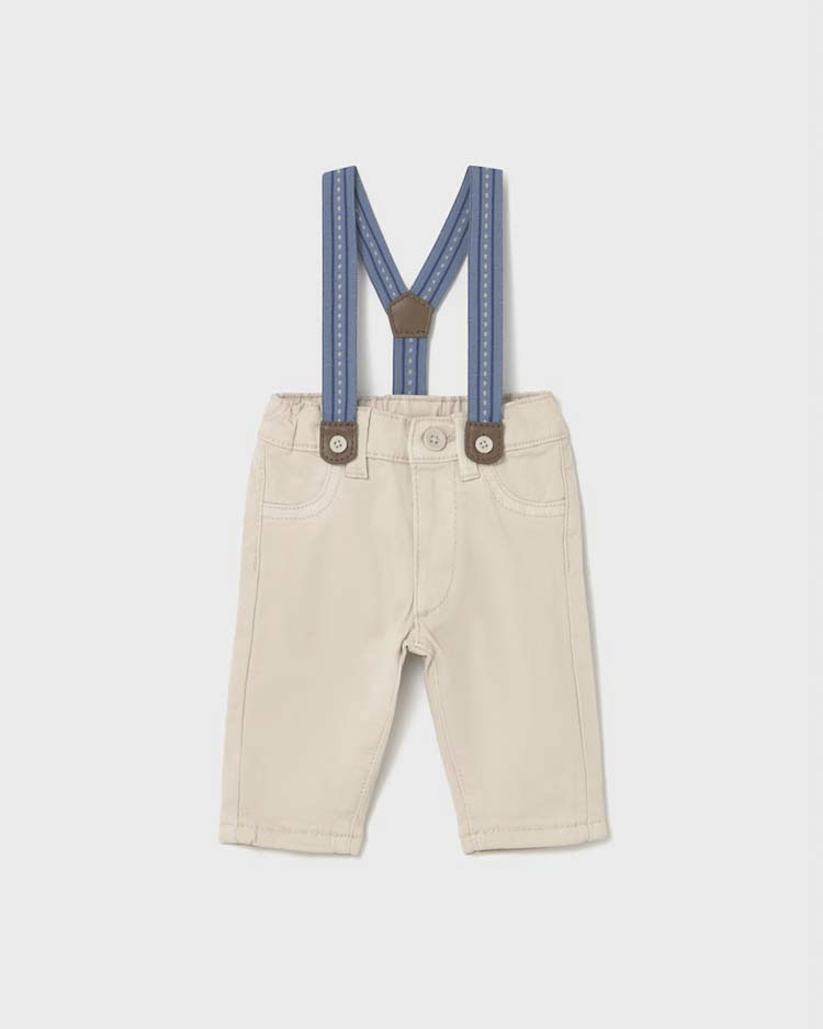 Pantalone Mayoral color sabbia in cotone stretch con bretelle blu