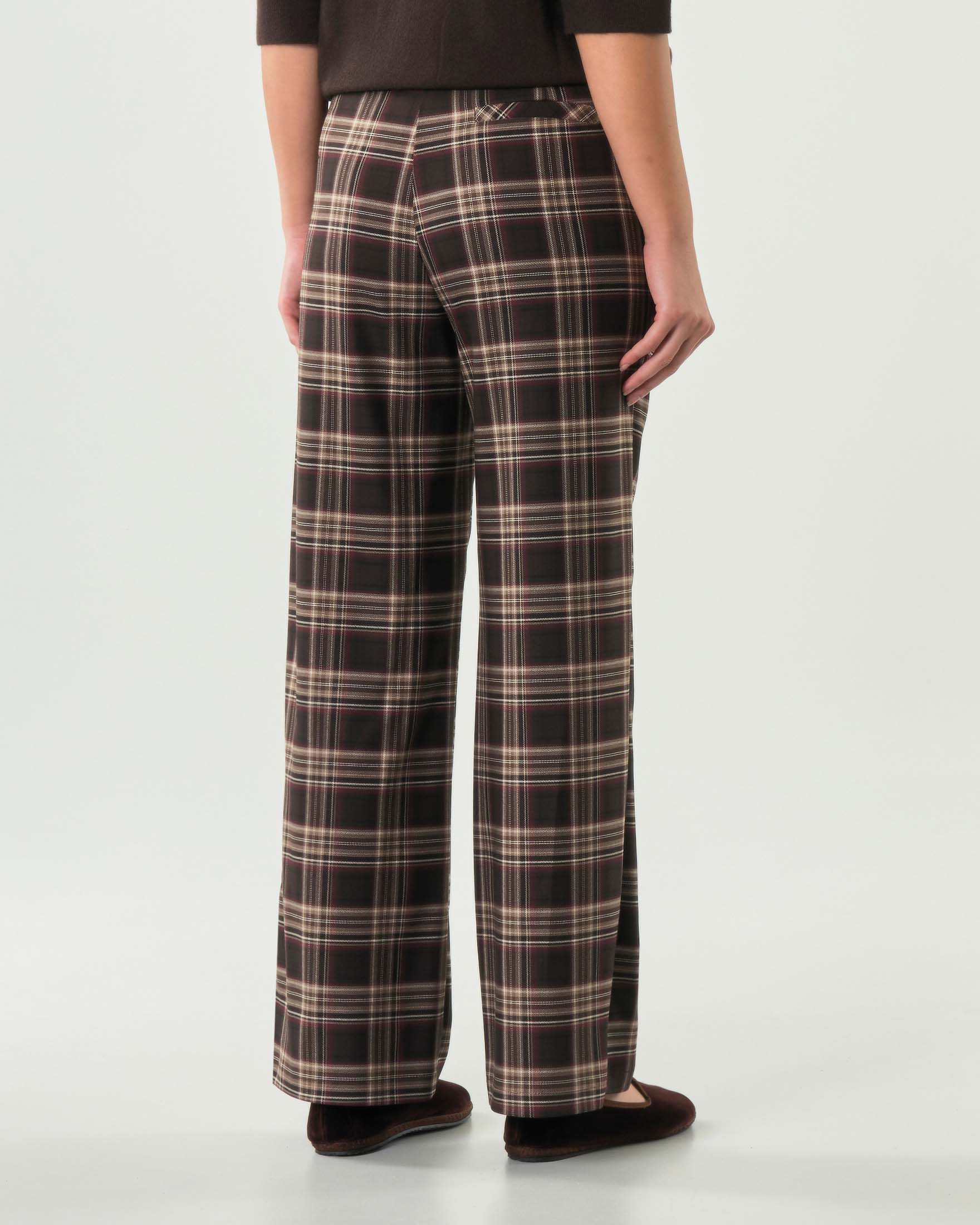 Pantaloni Hlo! in misto viscosa a fantasia check marrone e beige con pinces