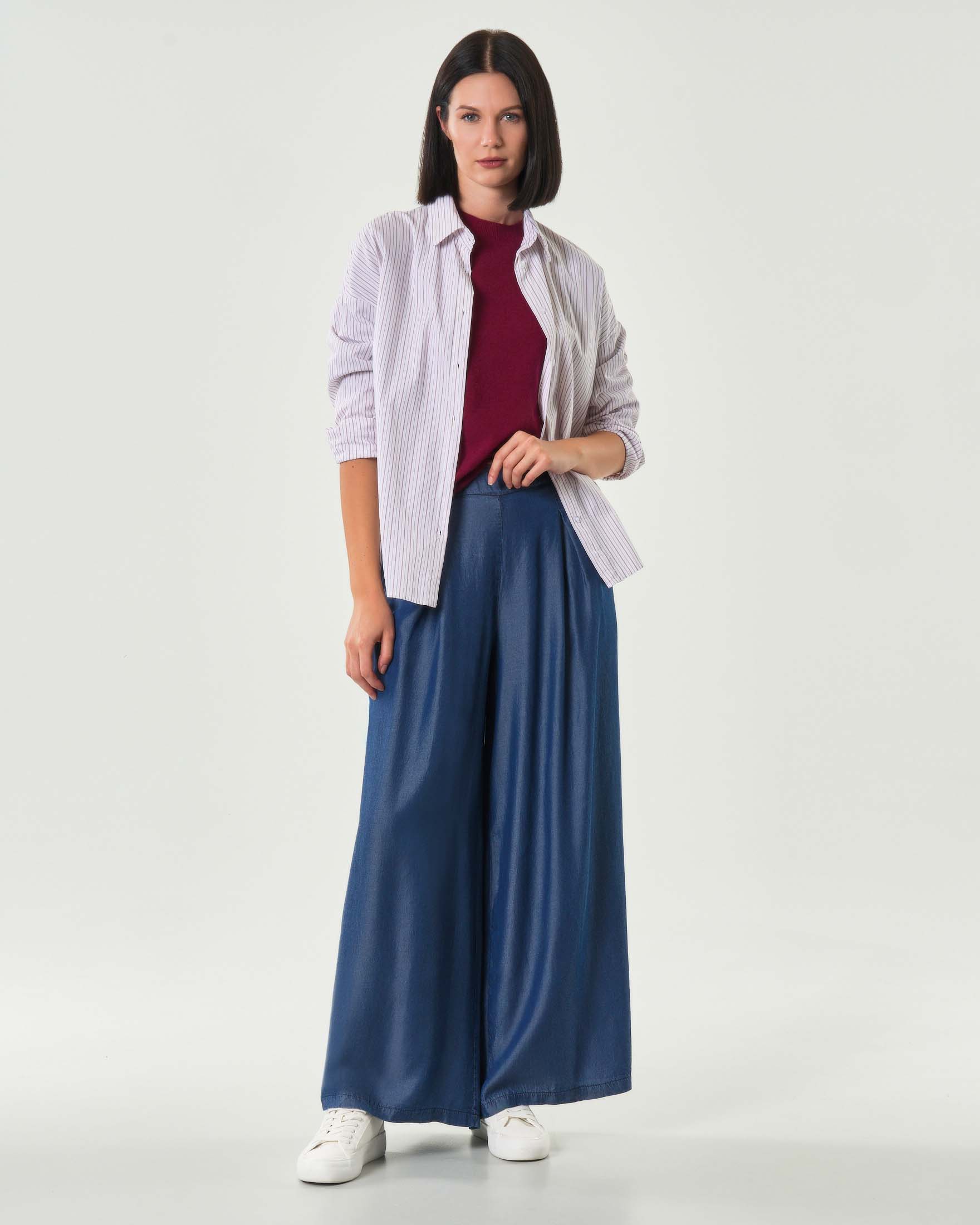 Pantaloni palazzo blu stone washed Hlo! in lyocell con pinces in vita ed elastico sul retro